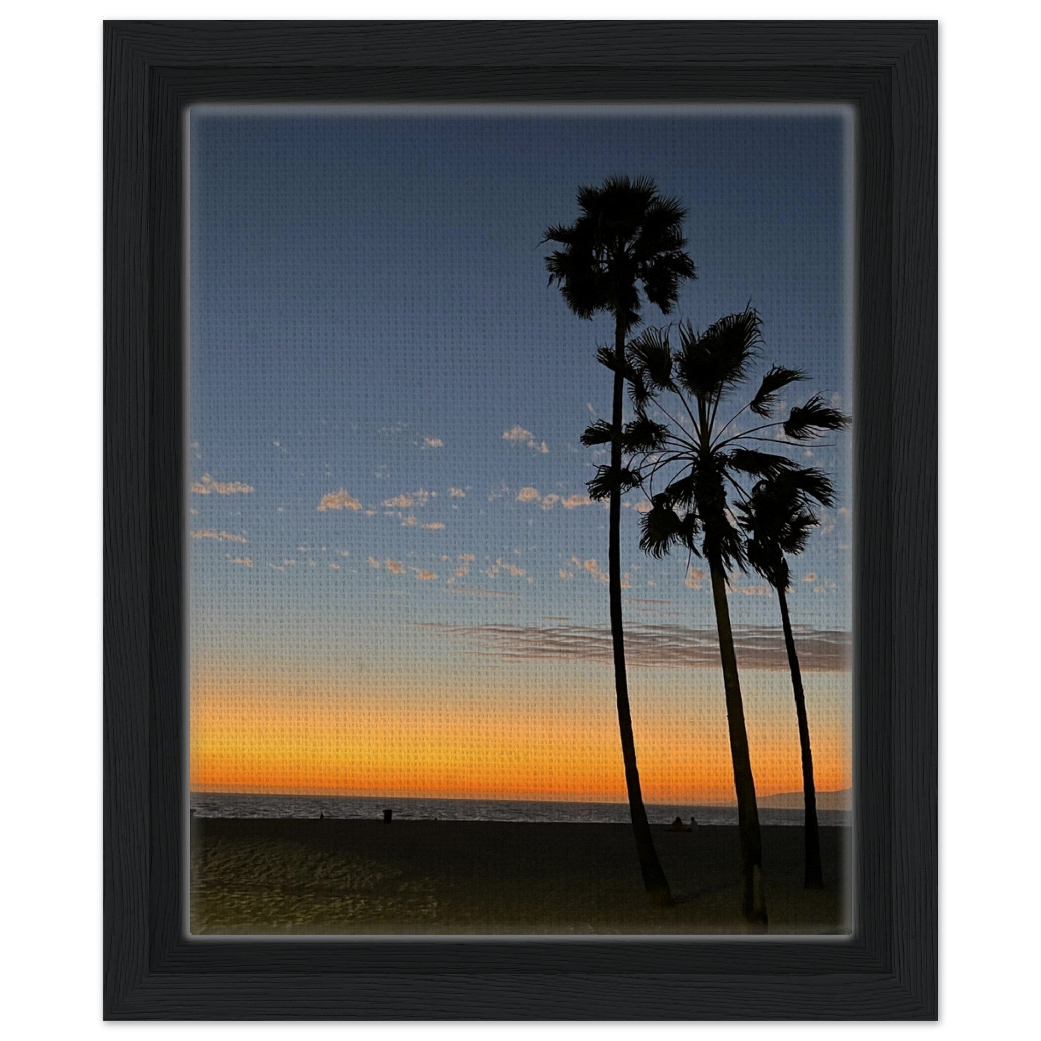 California Sunset Wall Art print featuring fall colors at Venice Beach, framed on wood, studio edition canvas artwork.