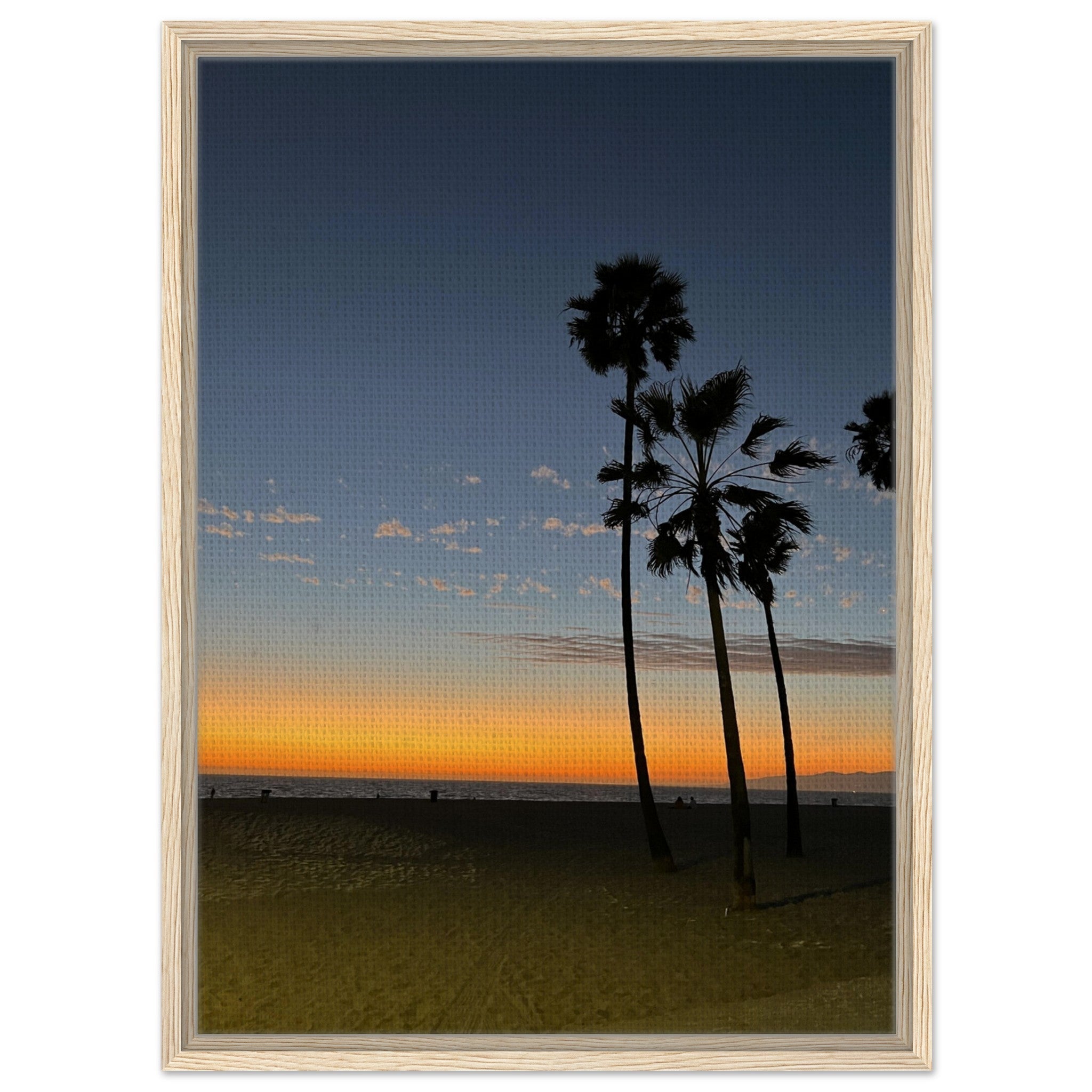 California Sunset Wall Art print in a wood frame, featuring fall colors and Venice Beach scene on canvas studio edition.