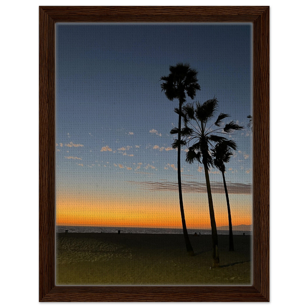 California Sunset Wall Art print in a wood frame, featuring fall colors and Venice Beach scene on canvas studio edition.