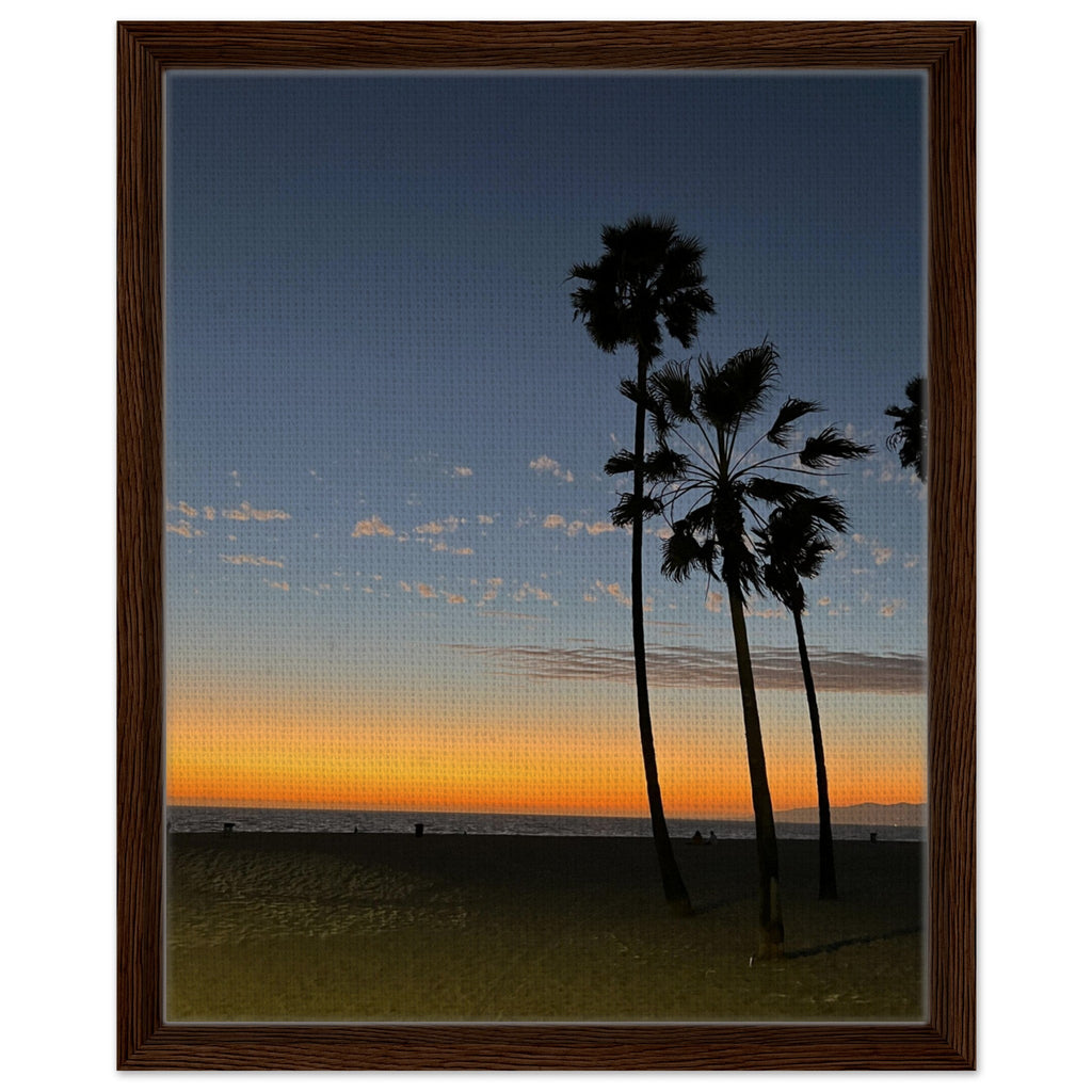 California Sunset Wall Art print featuring Venice Beach scene on canvas, framed wood, studio edition, perfect for holiday decor.
