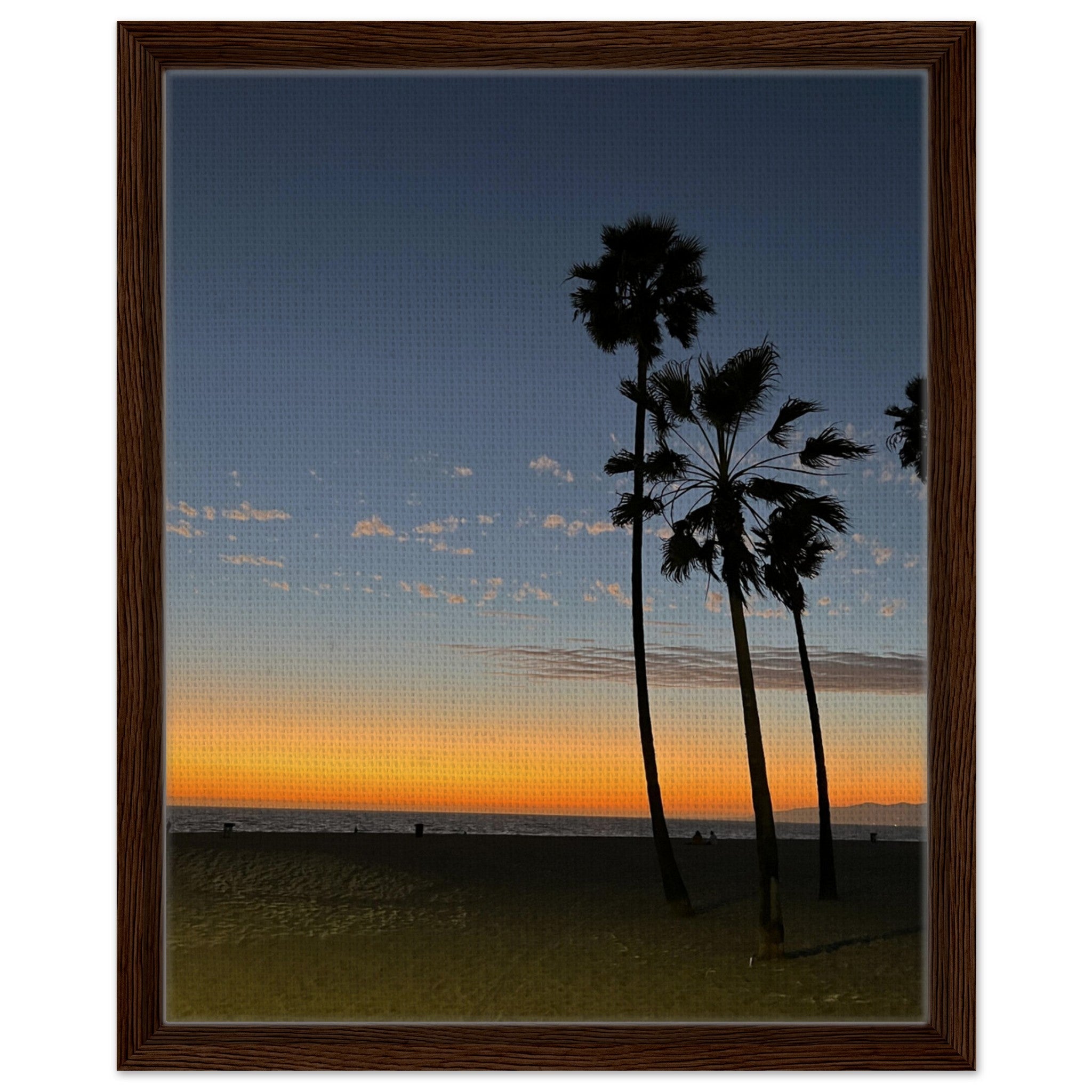 California Sunset Wall Art print featuring Venice Beach scene on canvas, framed wood, studio edition, perfect for holiday decor.