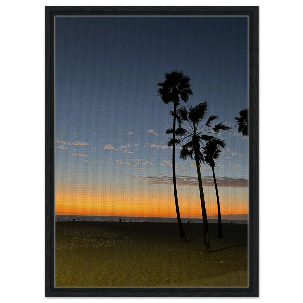 California Sunset Wall Art print featuring Venice Beach scene in a wooden frame, showcasing vibrant fall colors on canvas.