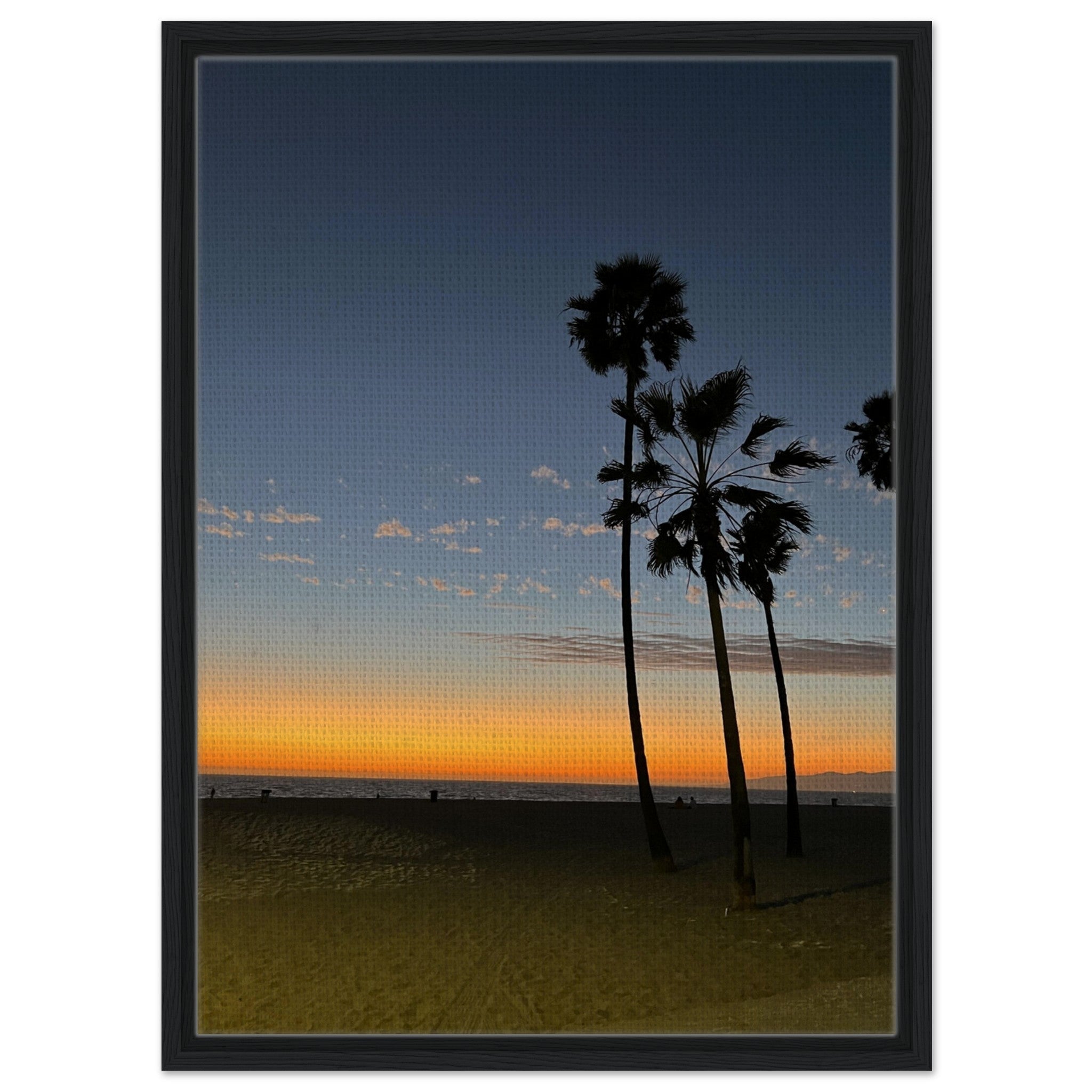 California Sunset Wall Art print featuring Venice Beach scene in a wooden frame, showcasing vibrant fall colors on canvas.