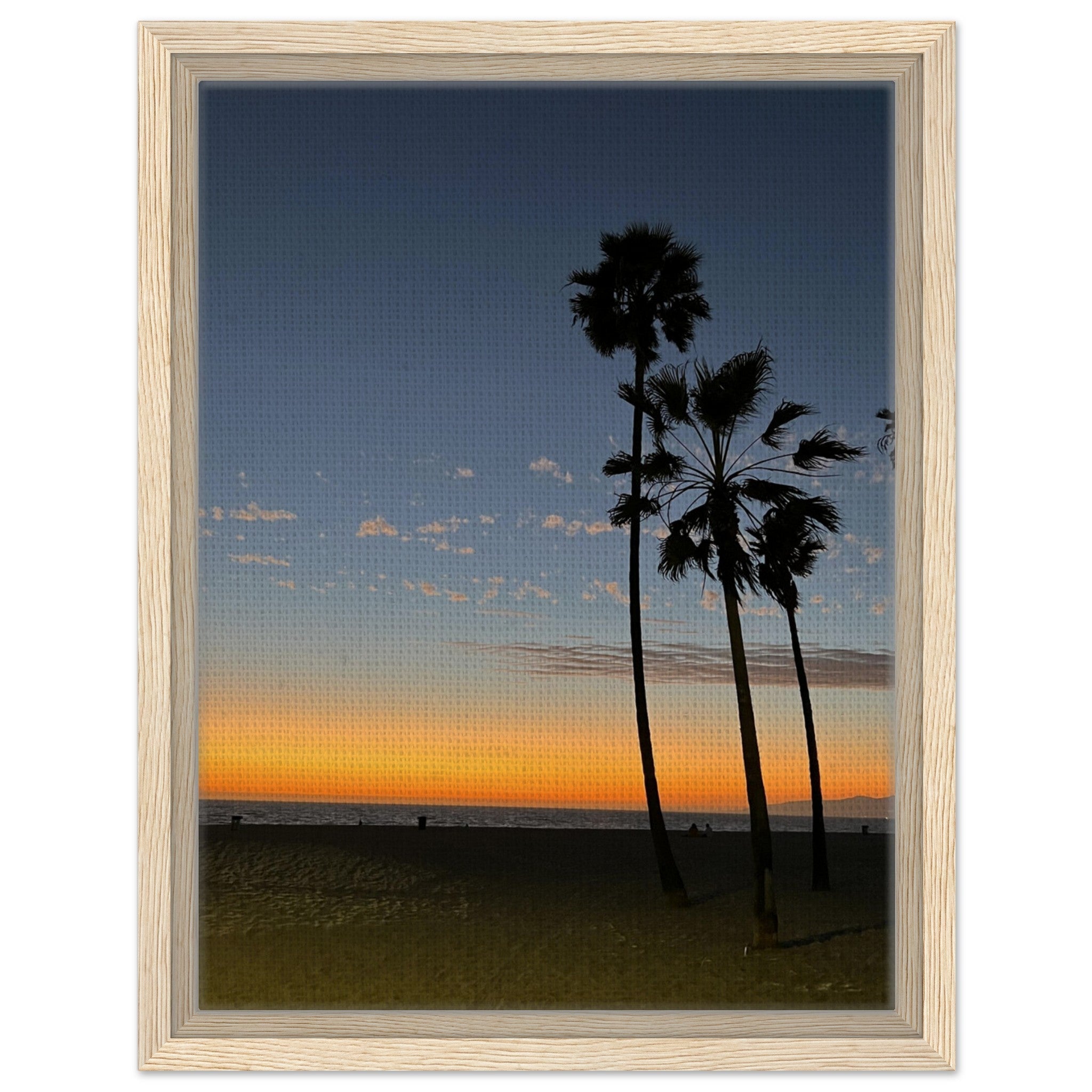 California Sunset Wall Art print featuring fall colors at Venice Beach, framed on wood, Studio Edition canvas artwork.