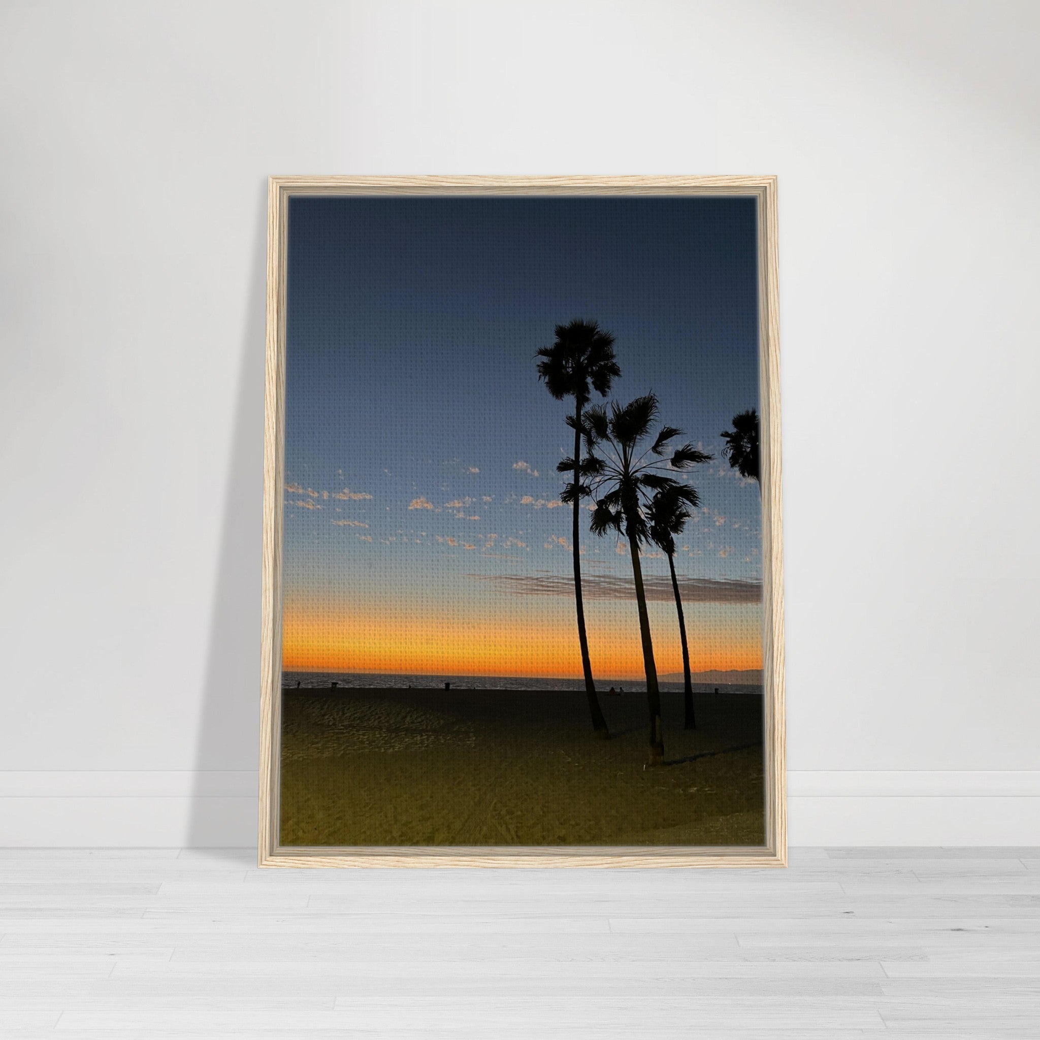 California Sunset Wall Art print featuring fall scenery at Venice Beach on canvas, framed in wood, studio edition.