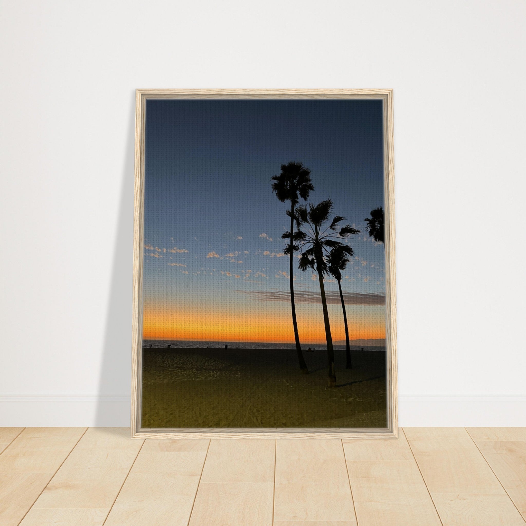 California Sunset Wall Art print featuring fall scenery at Venice Beach, framed on wood for a stylish California canvas decor.