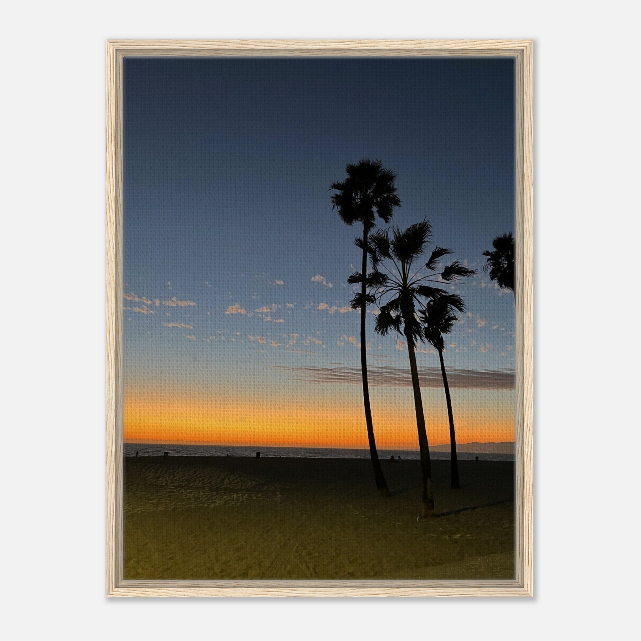 California Sunset Wall Art print featuring Venice Beach scene on canvas with wood frame, studio edition holiday decor.
