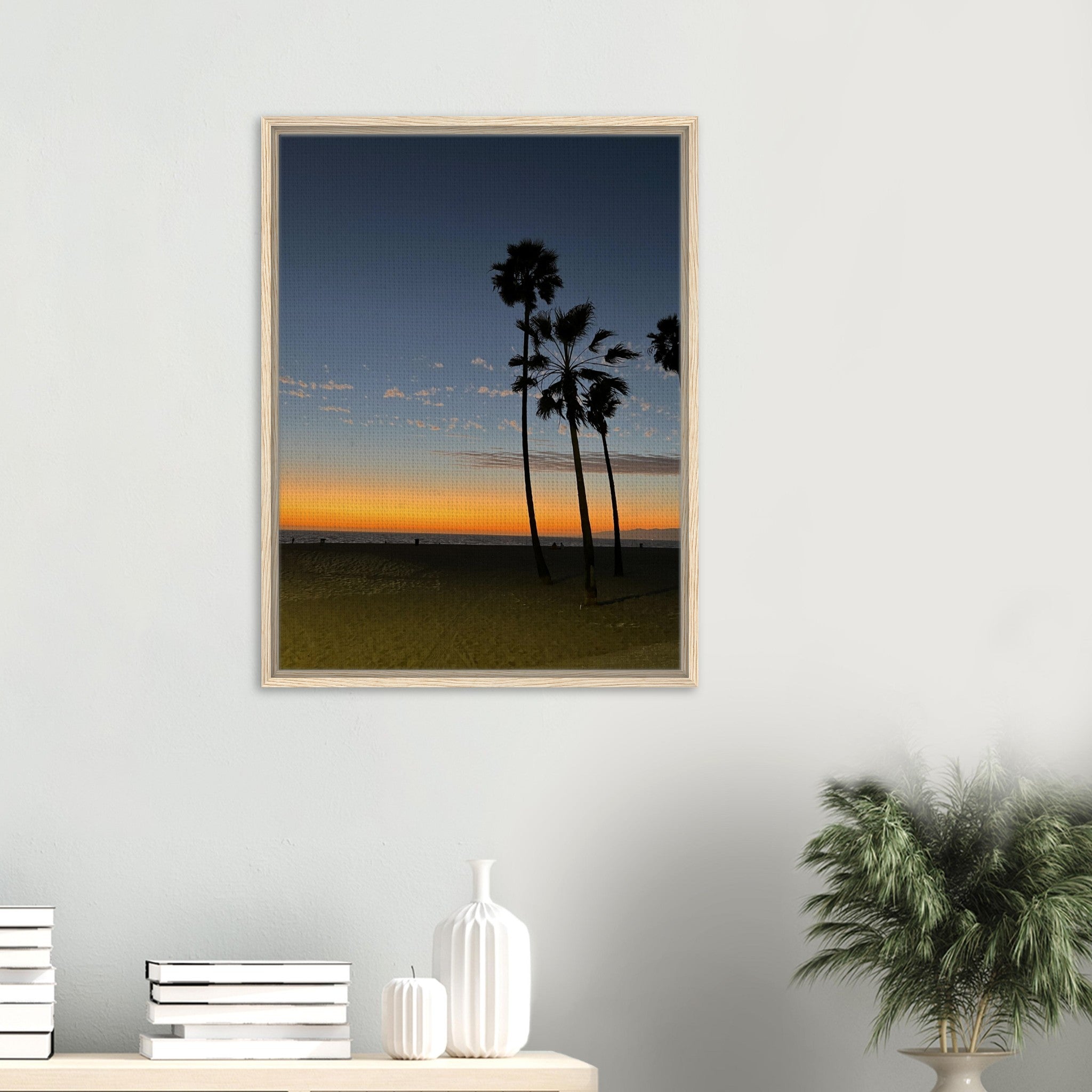 California Sunset Wall Art print featuring Venice Beach scene on canvas with a wood frame, studio edition holiday collection.