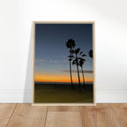California Sunset wall art print featuring Venice Beach in fall, mounted on a wood frame, studio edition canvas artwork.