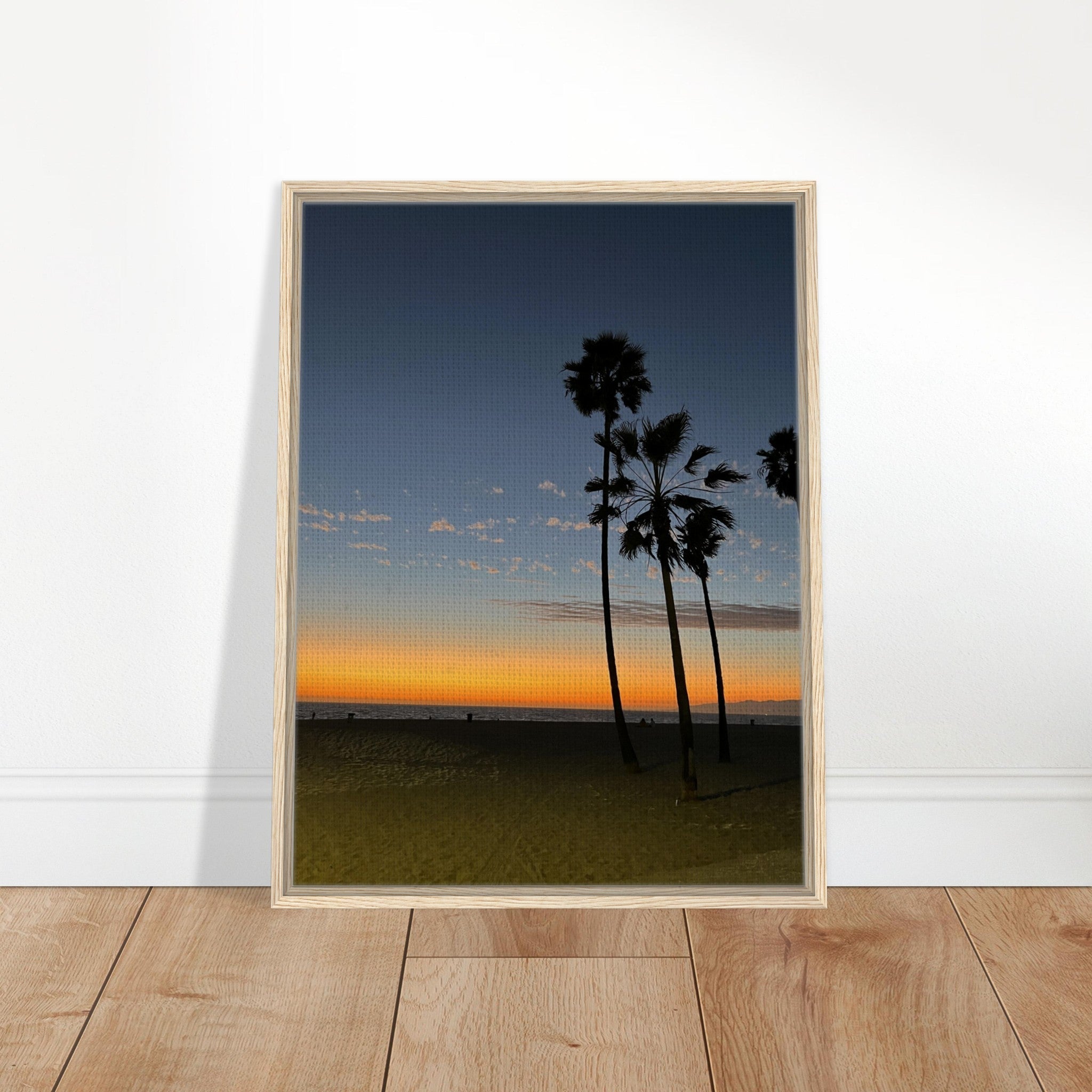 California Sunset wall art print featuring Venice Beach in fall, mounted on a wood frame, studio edition canvas artwork.