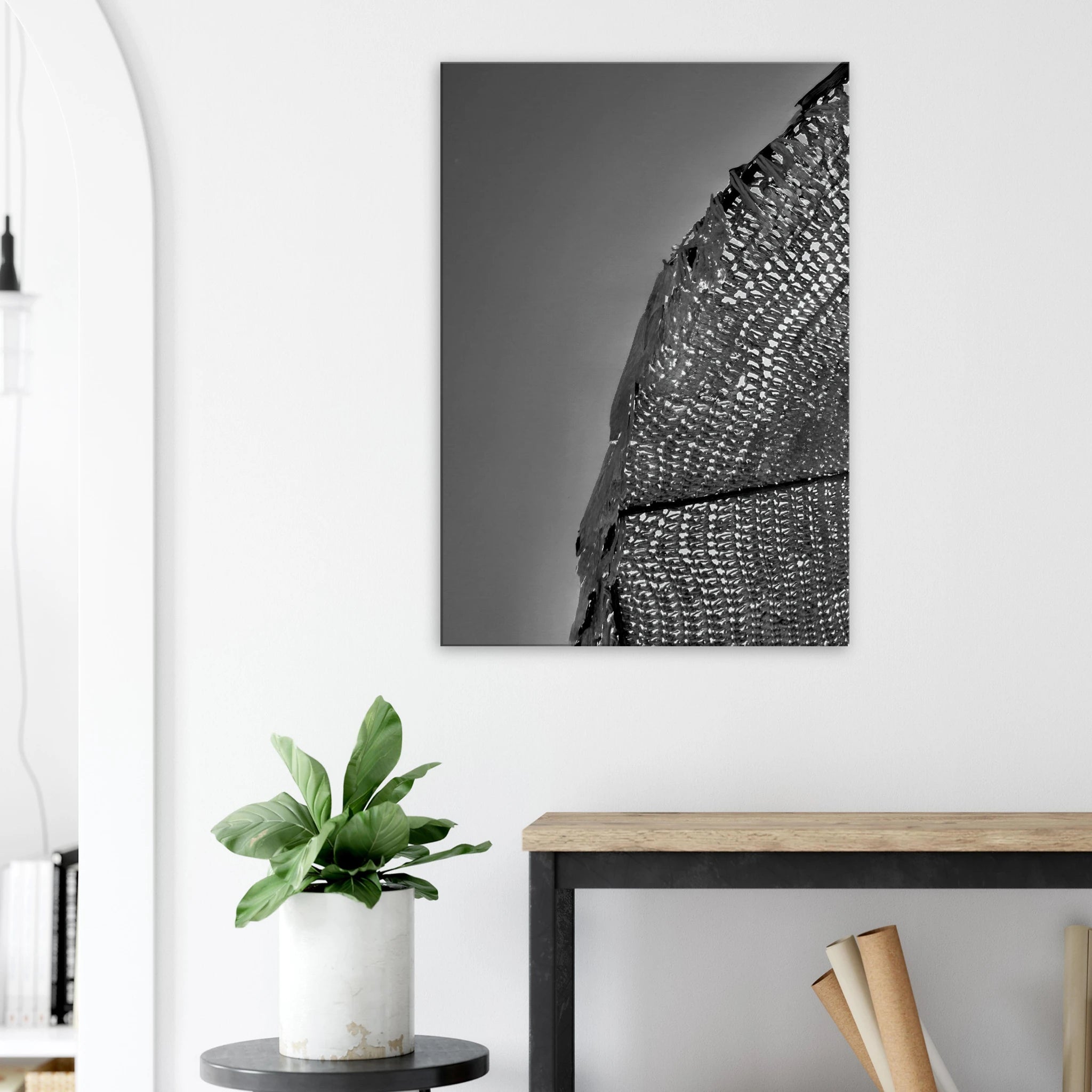 Minimalist black and white abstract canvas wall art featuring architectural light study from the Travel Collection Studio Edition.