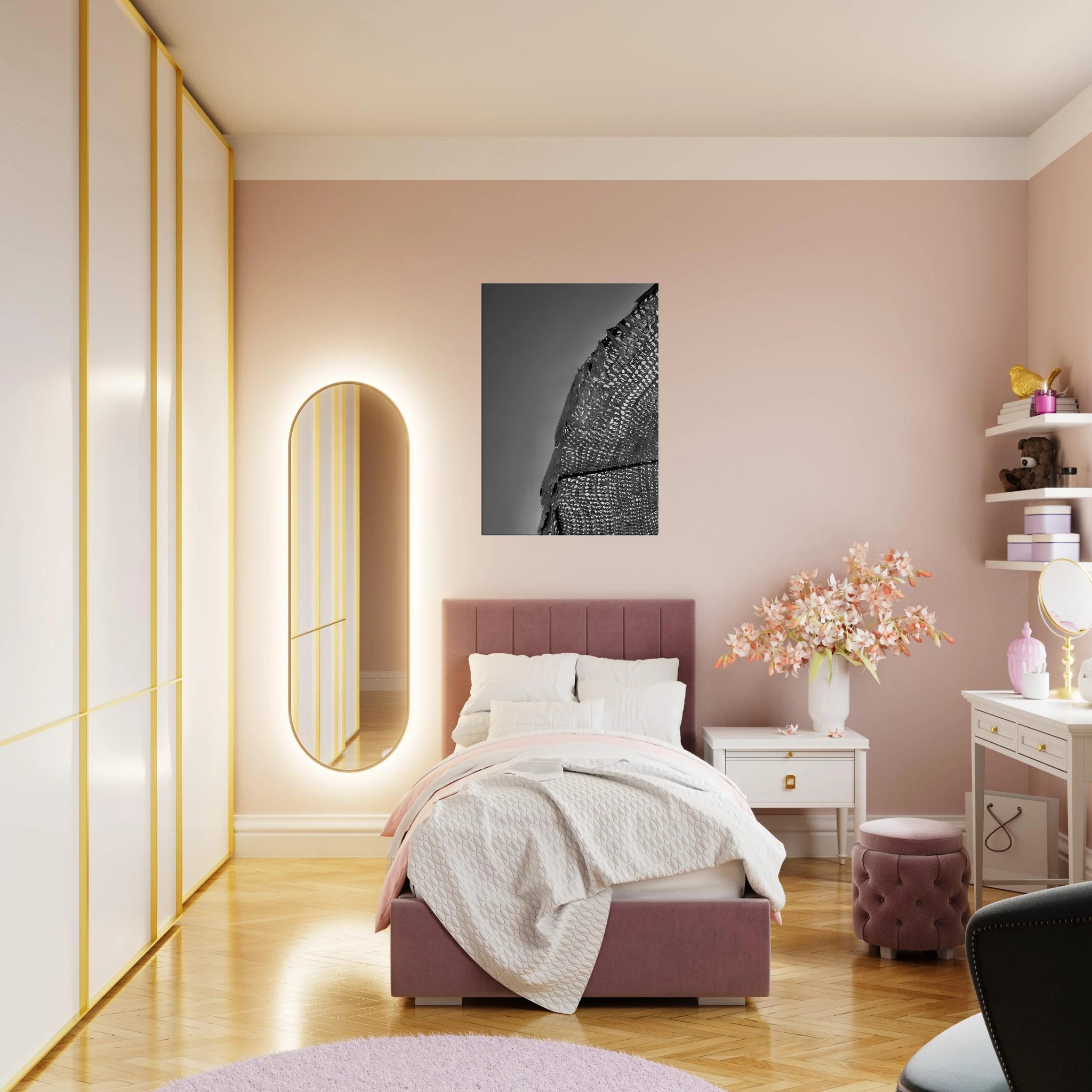 Minimalist black and white abstract canvas wall art print titled Architectural Light Study from Travel Collection Studio Edition.