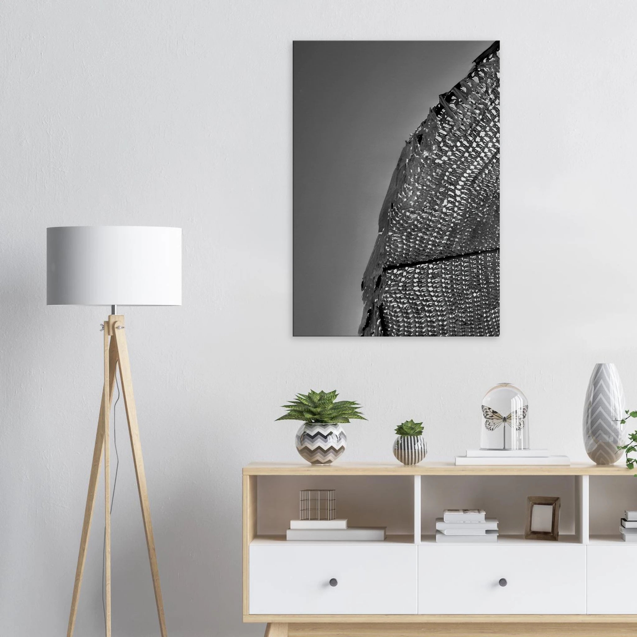 Minimalist black and white abstract canvas wall art titled Architectural Light Study, part of the Travel Collection Studio Edition.