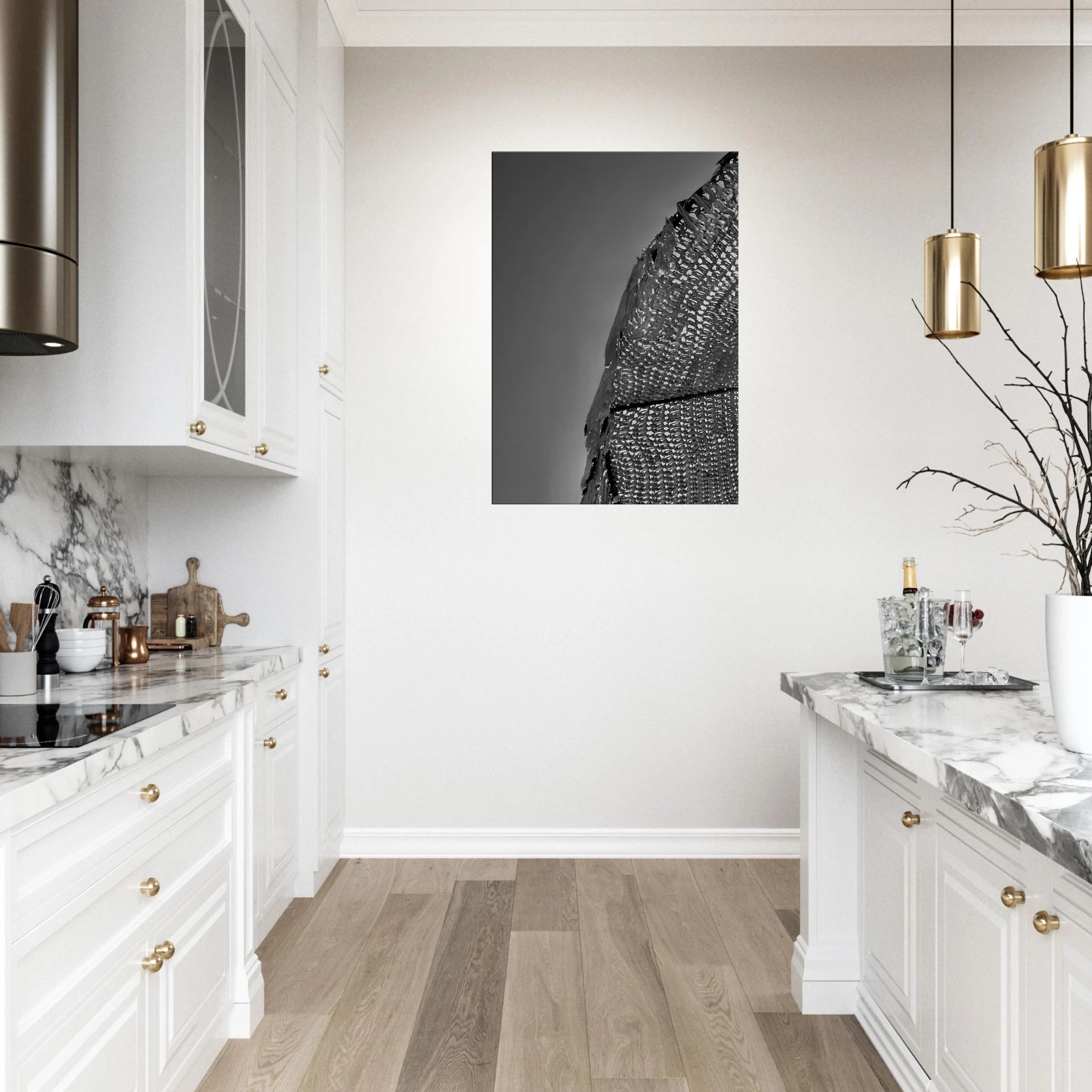 Black and white minimalist abstract canvas wall art titled Architectural Light Study, featuring modern travel-inspired design.