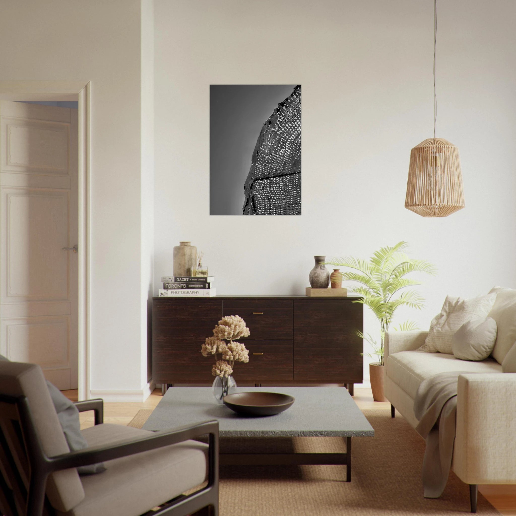 Minimalist black and white abstract canvas wall art titled Architectural Light Study, part of the Travel Collection Studio Edition.