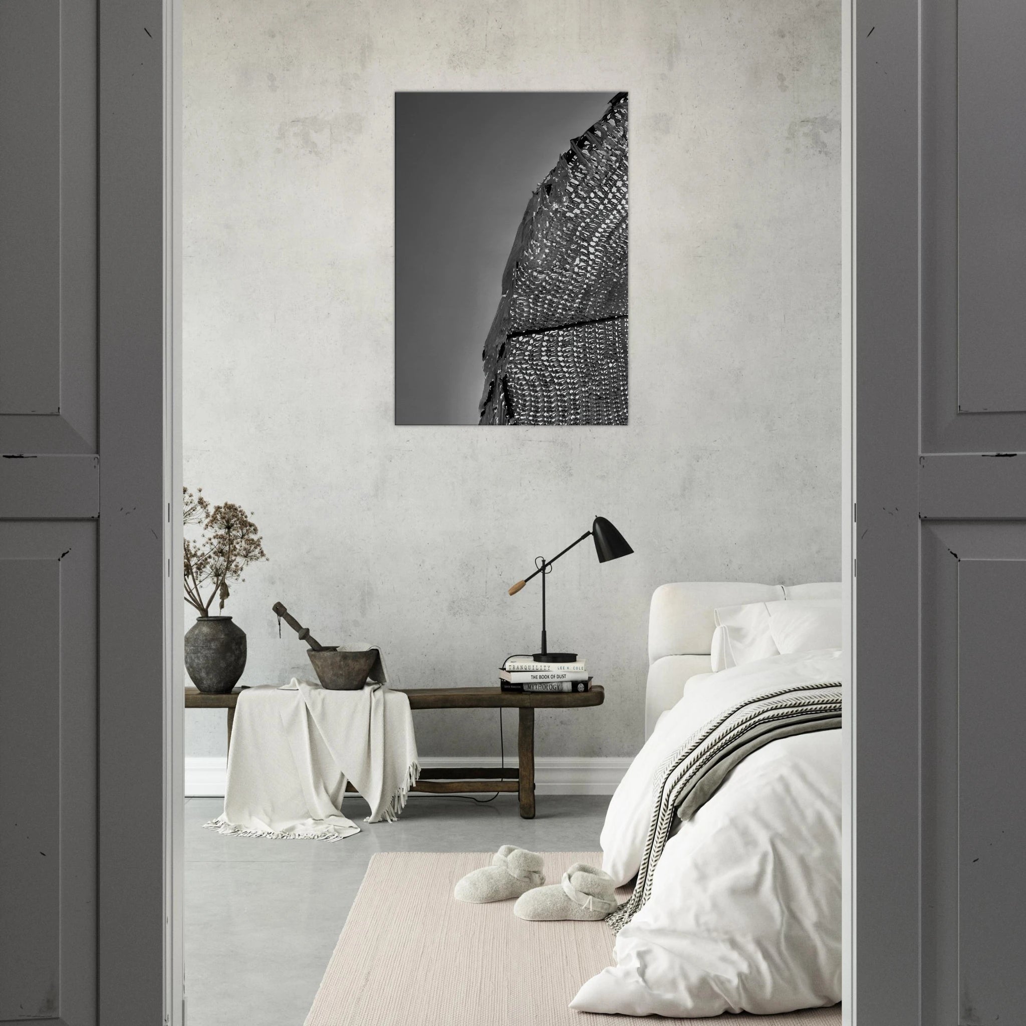 Minimalist black and white abstract canvas wall art titled Architectural Light Study, part of the Travel Collection Studio Edition.