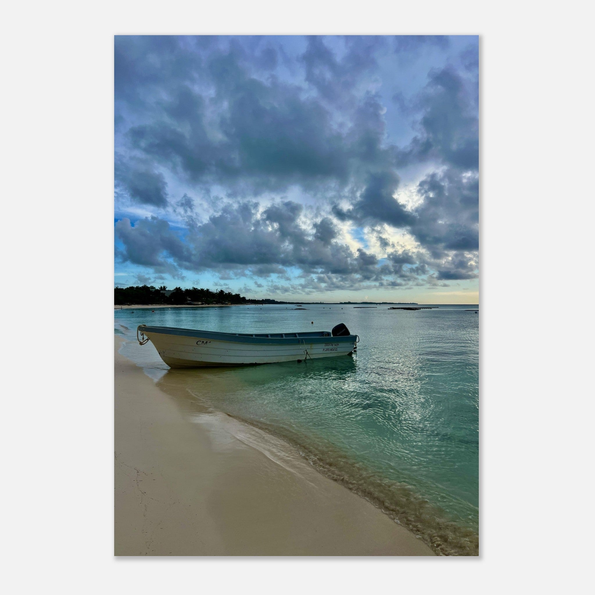 Foam print of a fisherboat on a calm Caribbean beach, featuring tranquil ocean views and sandy shores in a travel collection art piece.