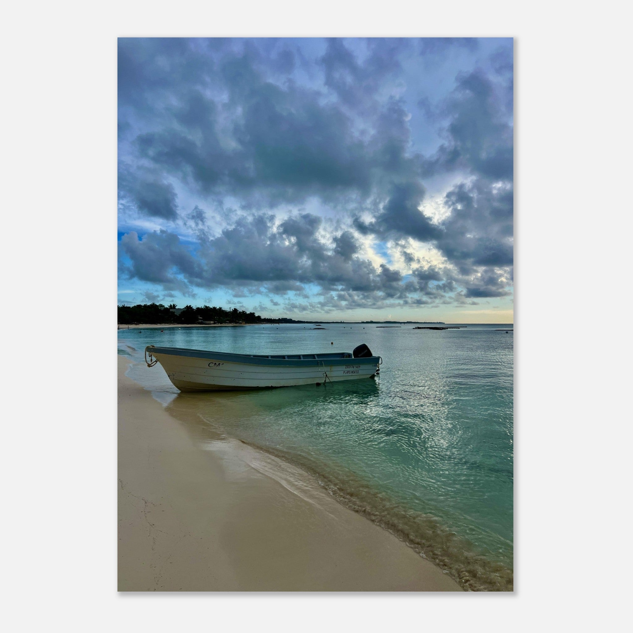 Foam print of a calm Caribbean beach scene by My Store, featuring a fisherman boat for beach house decor.