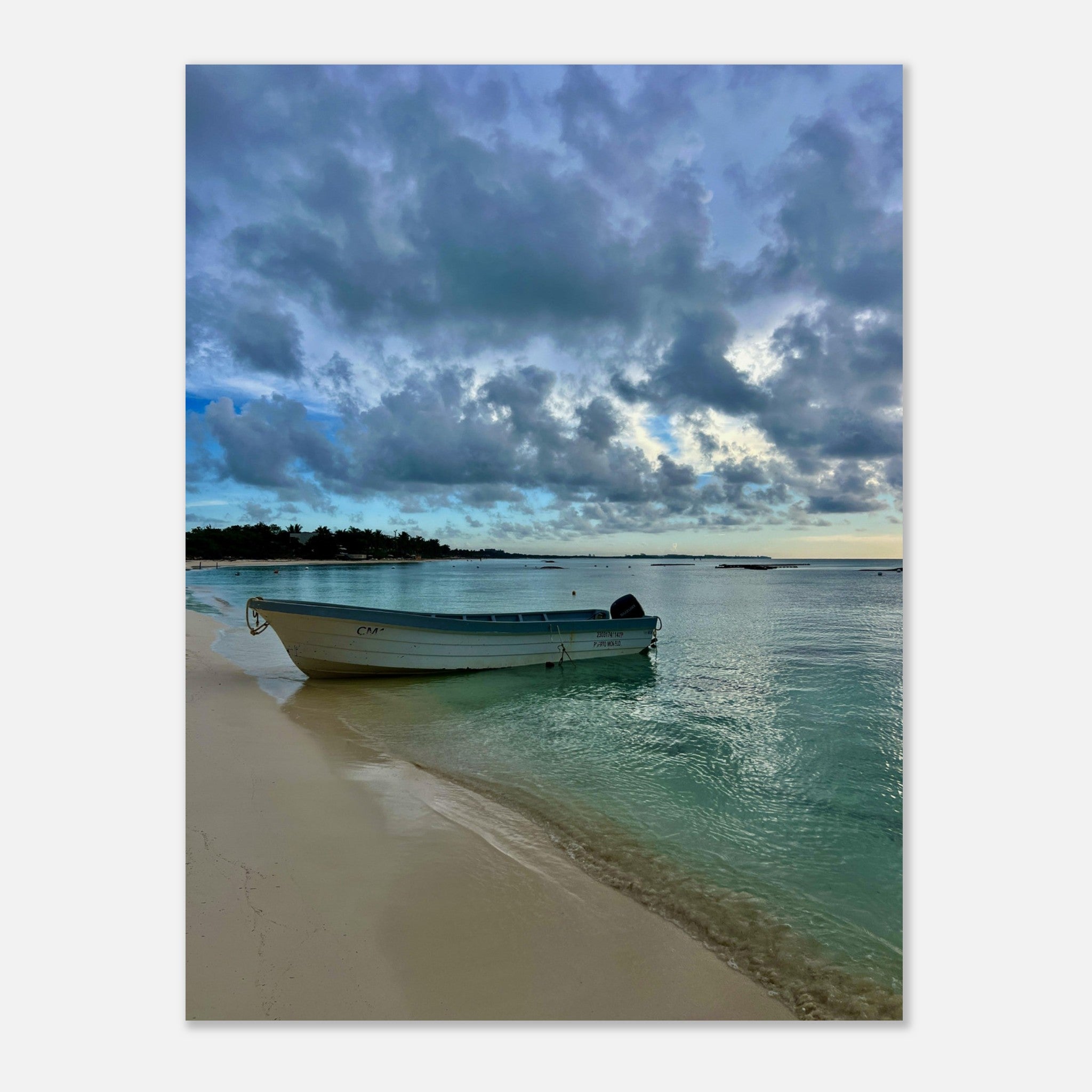 Calm Caribbean beach scene foam print by My Store, showcasing a fisherboat and tranquil coastal scenery for beach house decor.
