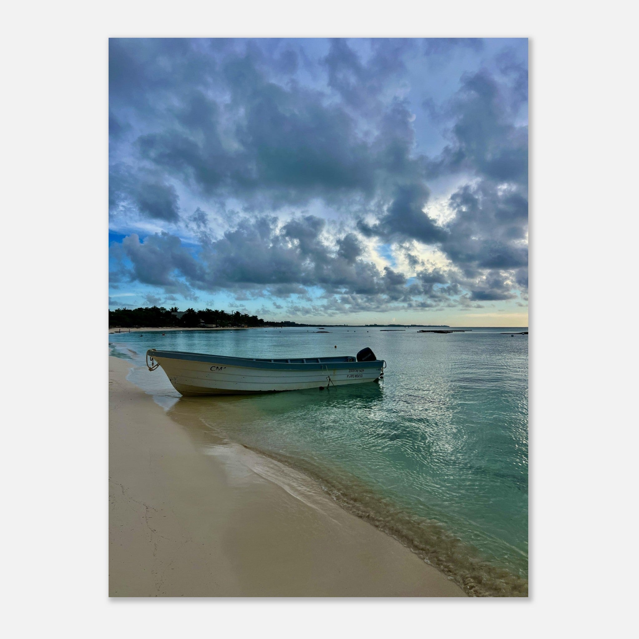 Foam print of a fisherboat on a calm Caribbean beach, perfect for beach house decor, from the Idyllic Fisherboat Travel Collection.
