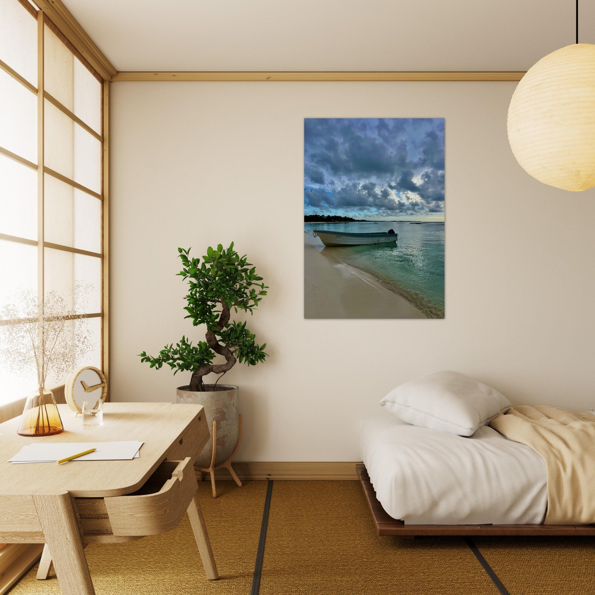 Foam print of a fisherboat on a calm Caribbean beach, perfect for beach house decor, from the Idyllic Fisherboat Travel Collection.