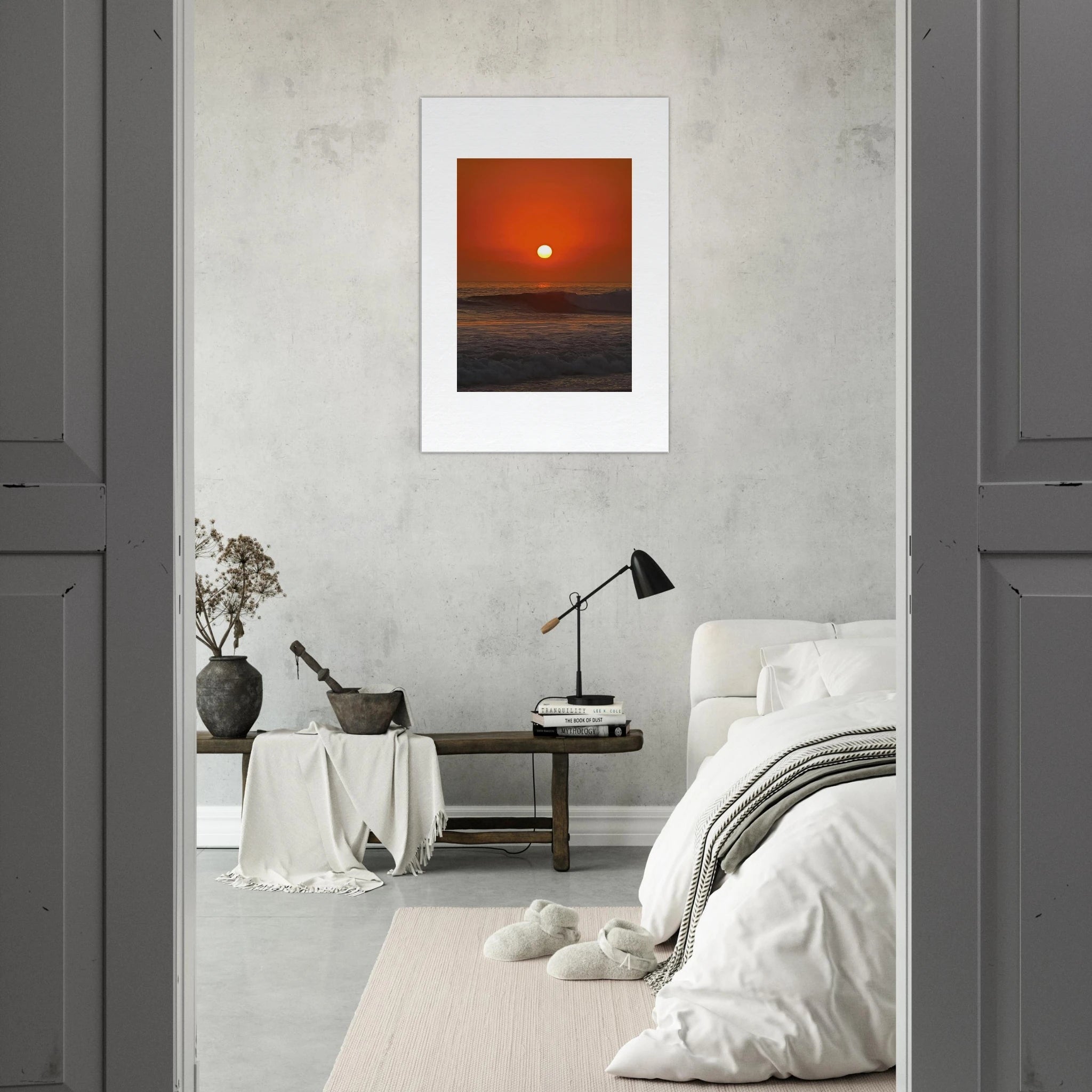 Dramatic Southern California sunset canvas print by My Store featuring vibrant red hues, perfect for home decor, studio edition.