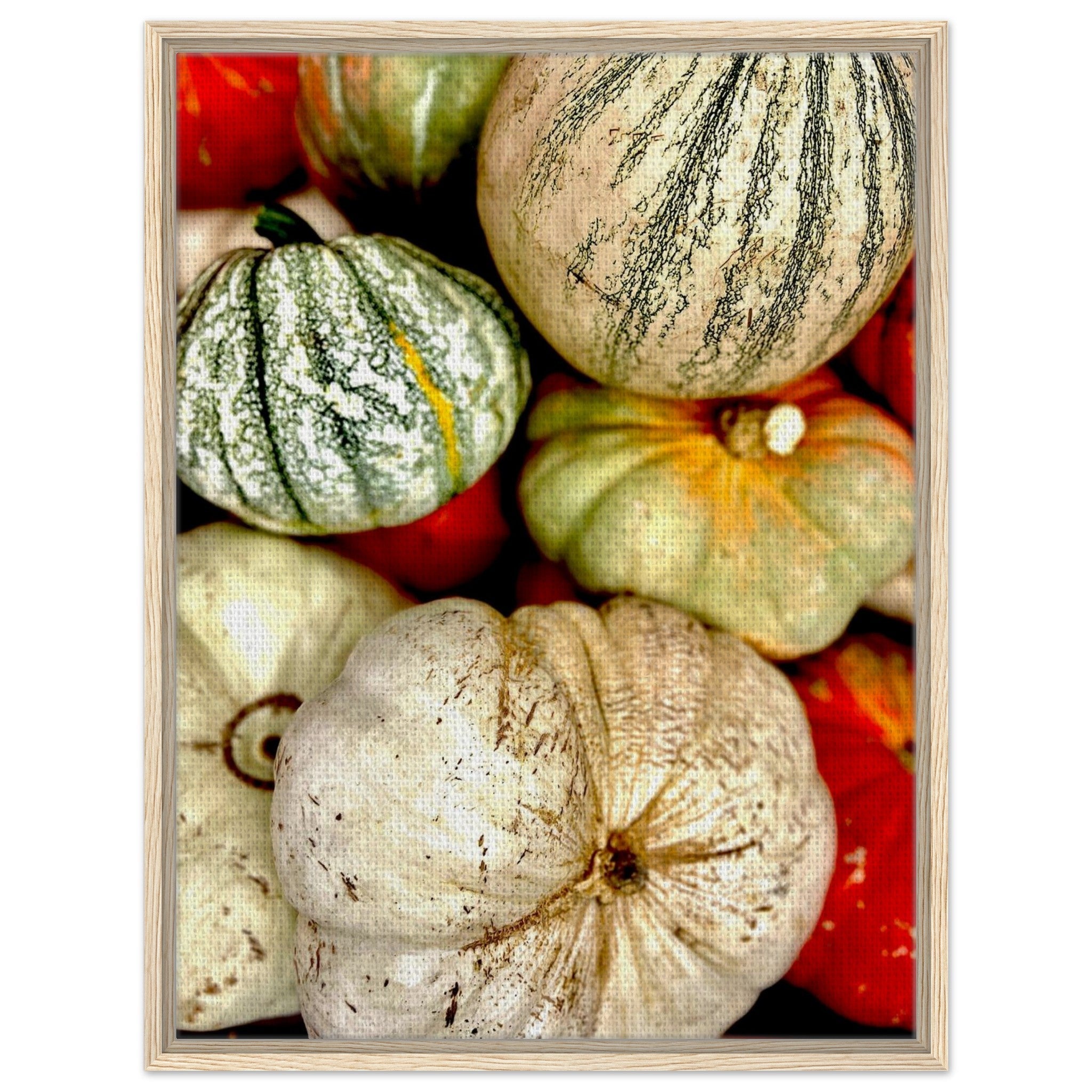 Rustic harvest gourd wall art print featuring autumn pumpkins on canvas, perfect for stylish Halloween and fall home decor.