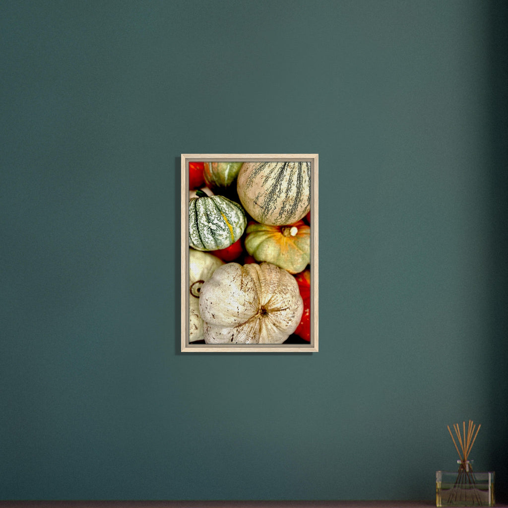 Rustic harvest gourd wall art print on canvas featuring autumn pumpkins, ideal for Halloween or all-year home decor.