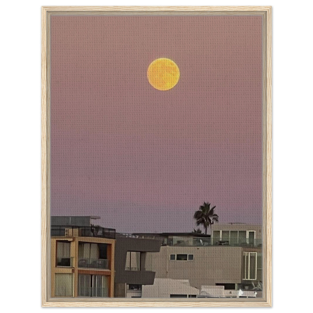 Framed canvas wall art of a harvest moon and beach scene, California Canvas Studio Edition, 20x30 cm print, moody coastal decor.