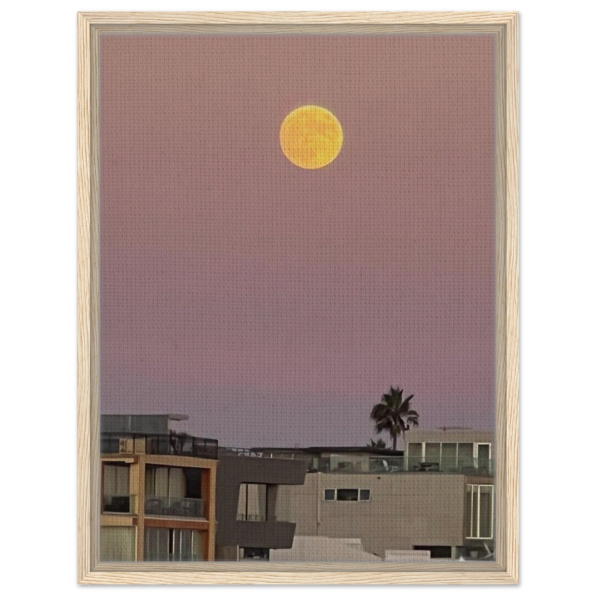 Framed canvas wall art of a harvest moon and beach scene, Moody moon wall hanging, California Canvas Studio Edition for bedroom or nursery decor.