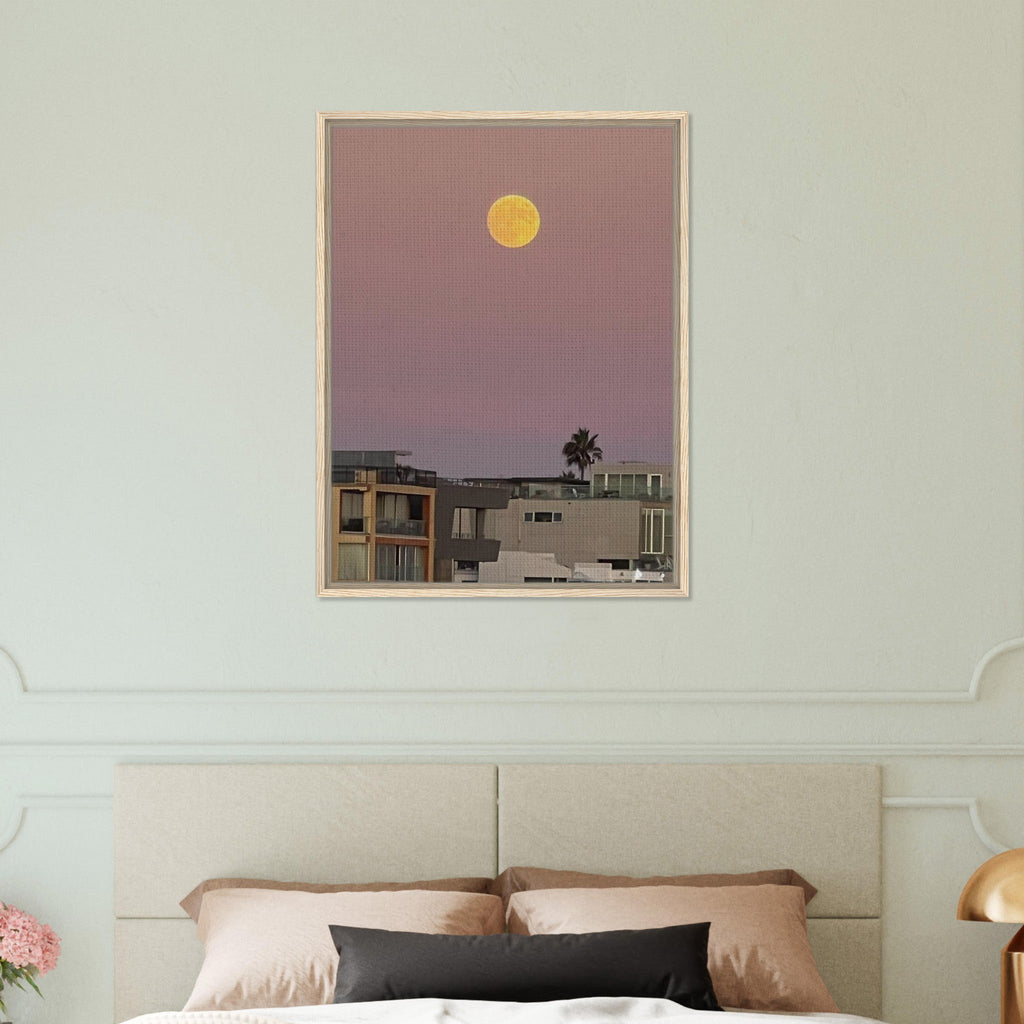 Harvest Moon art print on framed canvas, beach moody wall art with moon and ocean scene, California Canvas Studio Edition.