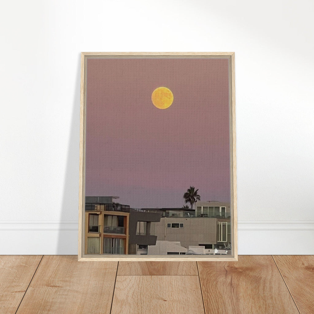 Framed canvas wall art featuring a moody harvest moon and beach scene, California Canvas Studio Edition, 20x30 cm print.