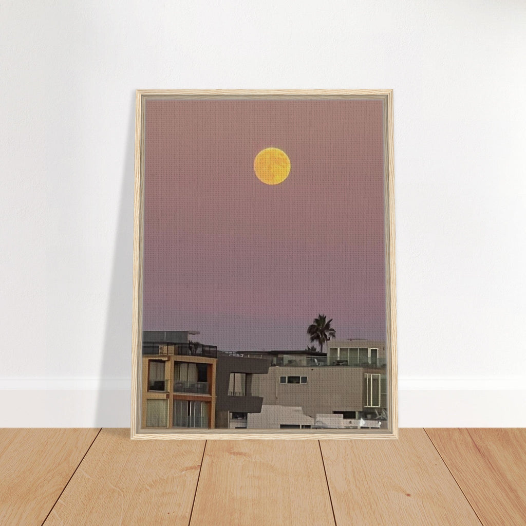 Harvest Moon art print by California Canvas, beach moody wall art, framed canvas featuring moon and beach scene.