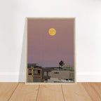 Harvest Moon art print by California Canvas, beach moody wall art, framed canvas featuring moon and beach scene.