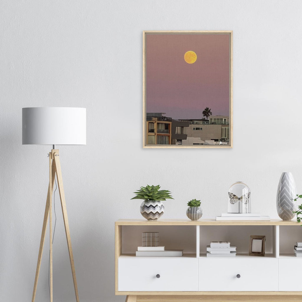 Beach Moody Wall Art print featuring the Harvest Moon, framed canvas wall hanging, California Canvas Studio Edition.