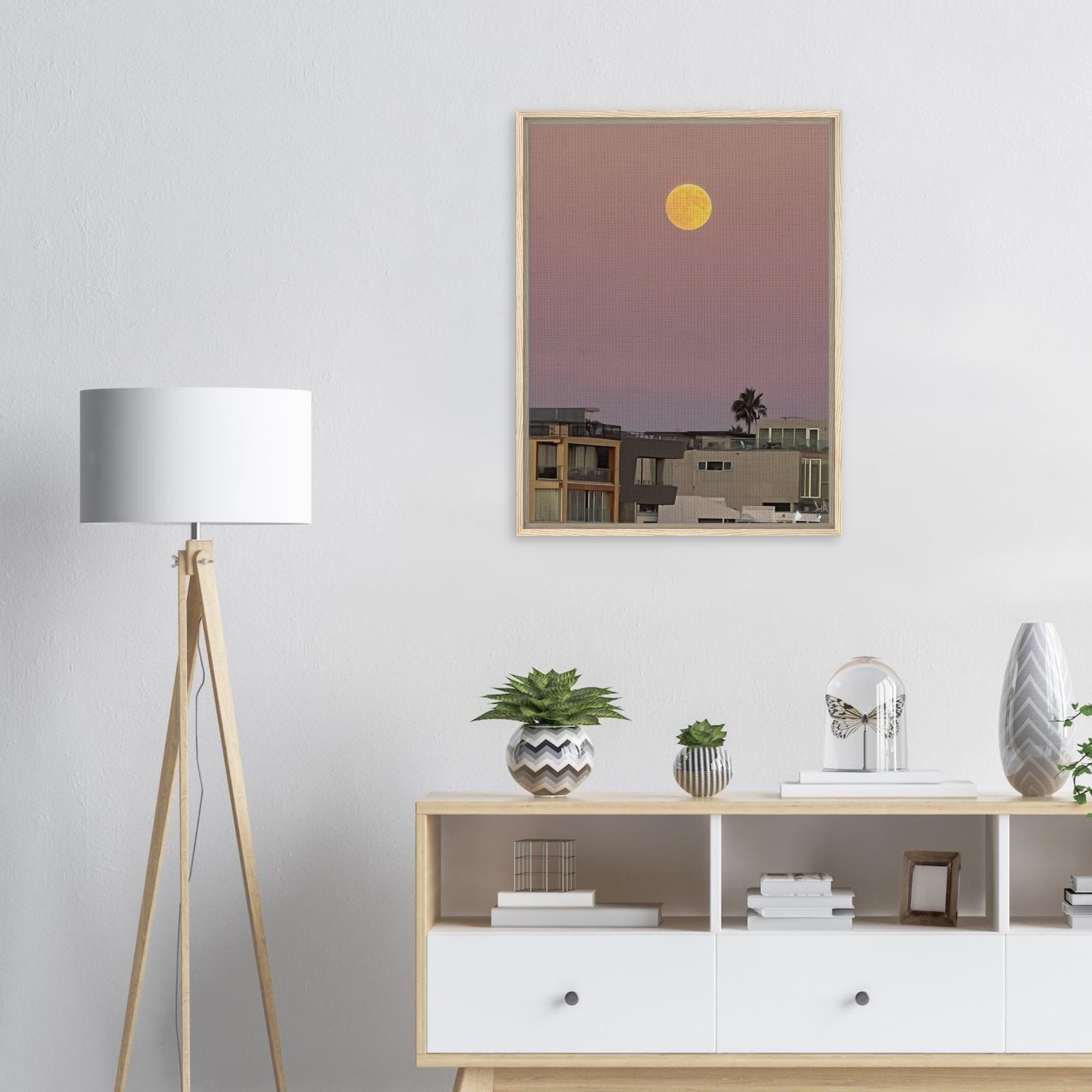 Beach Moody Wall Art print featuring the Harvest Moon, framed canvas wall hanging, California Canvas Studio Edition.
