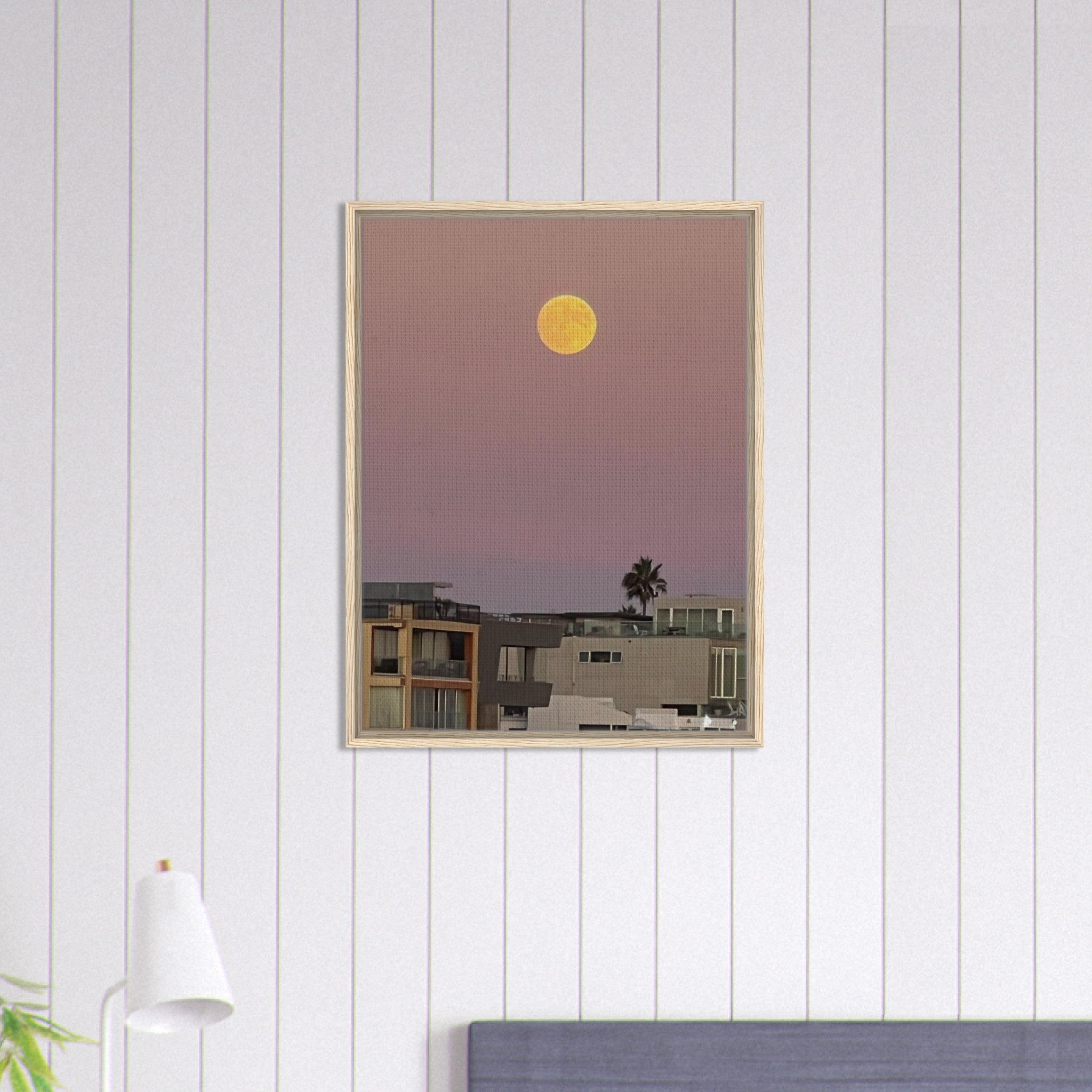 Framed canvas print of a moody harvest moon and beach scene, California Canvas Studio Edition wall art, 20x30 cm.