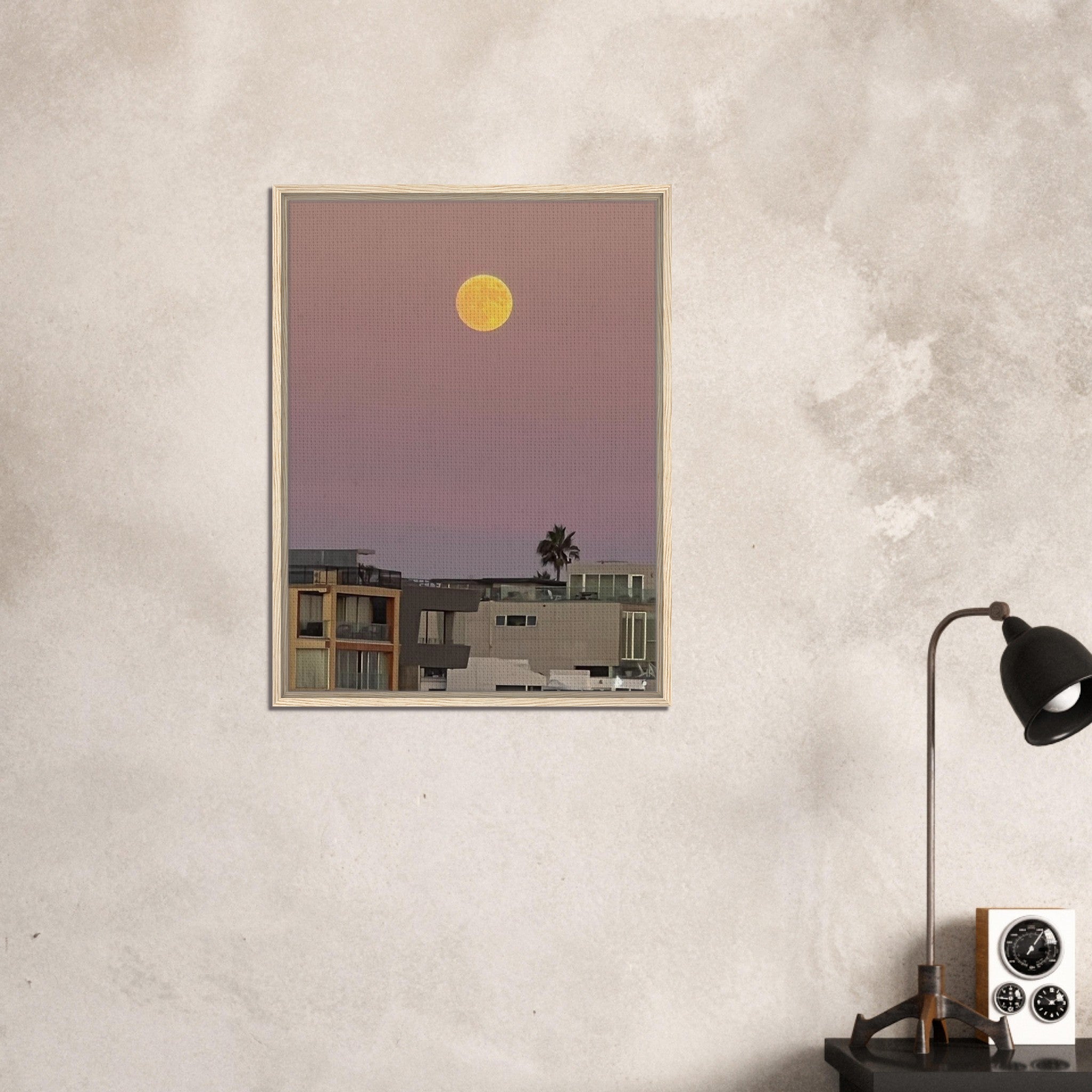 Harvest Moon beach moody wall art print on framed canvas, California Canvas Studio Edition, 20x30 cm, depicts a moonlit beach scene.