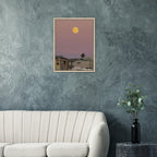 Framed canvas wall art featuring a moody harvest moon and beach scene, California Canvas studio edition, 20x30 cm print.