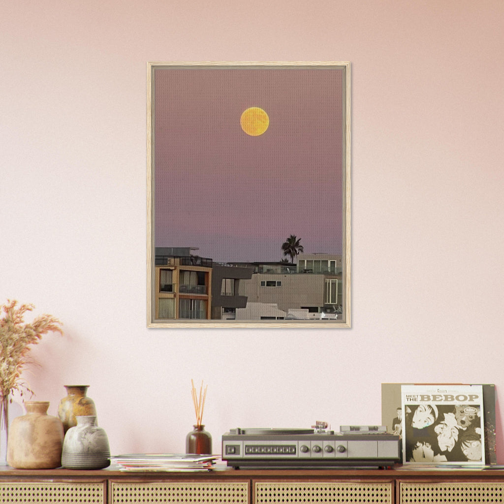 Beach moody wall art print featuring a harvest moon on framed canvas, California Canvas Studio Edition, 20x30 cm.