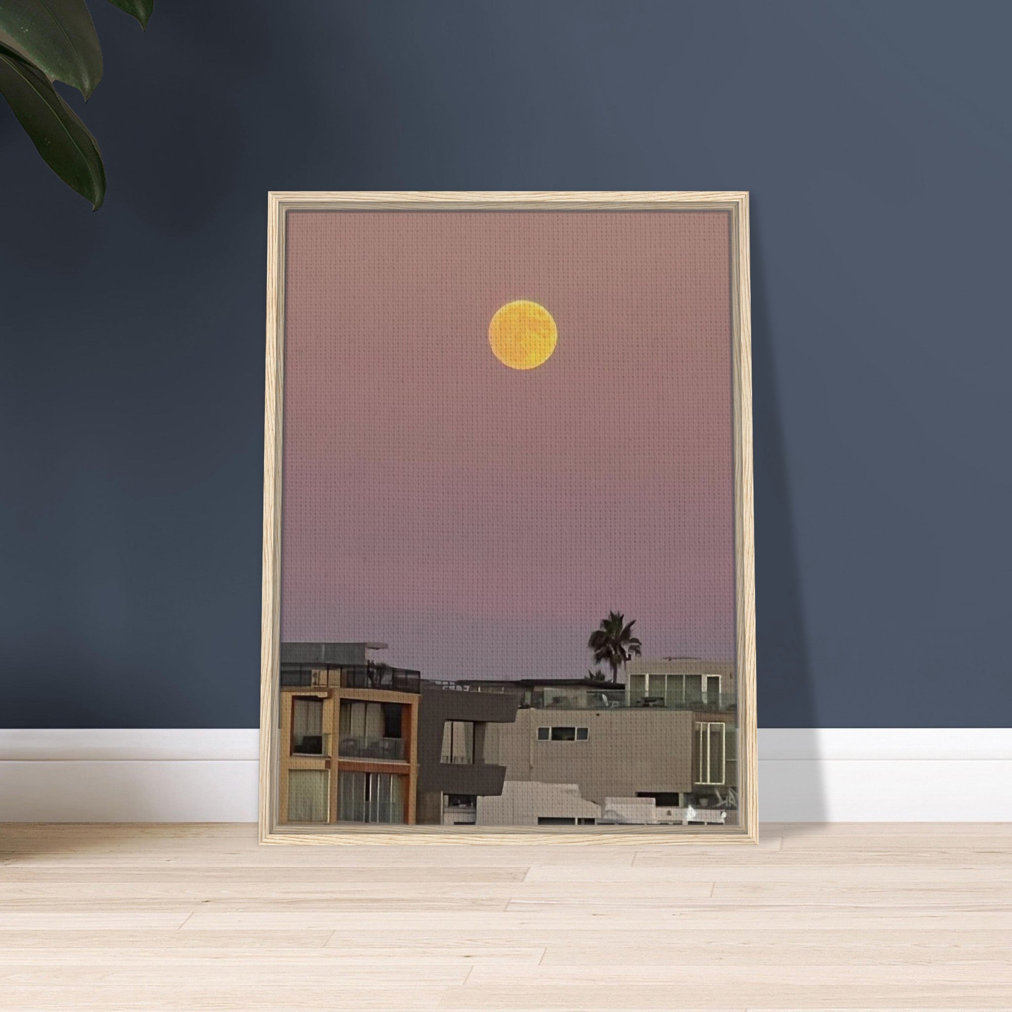 Beach Moody Wall Art print featuring a harvest moon, framed canvas wall hanging, California Canvas Studio Edition, 20x30 cm.