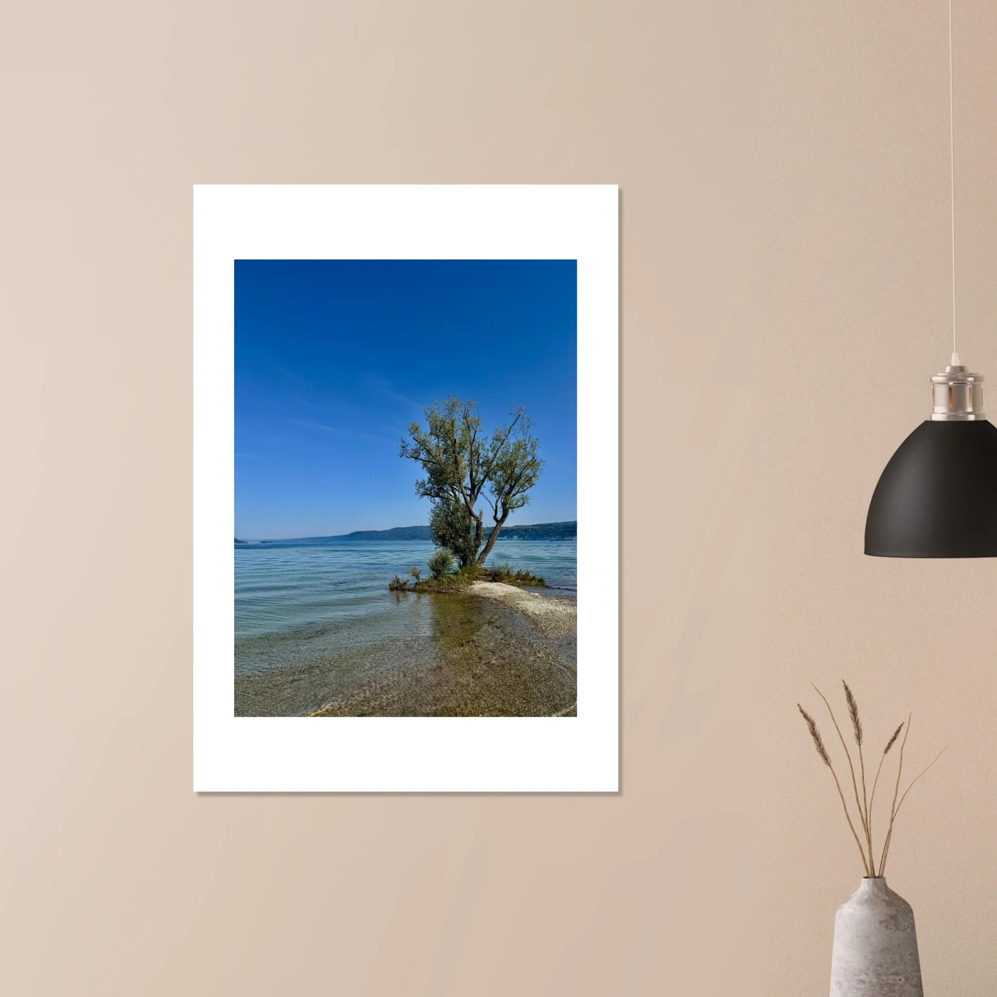 Majestic tree on a European lake aluminum print, nature-inspired wall art from the Travel Collection, studio edition, 20x30 cm.