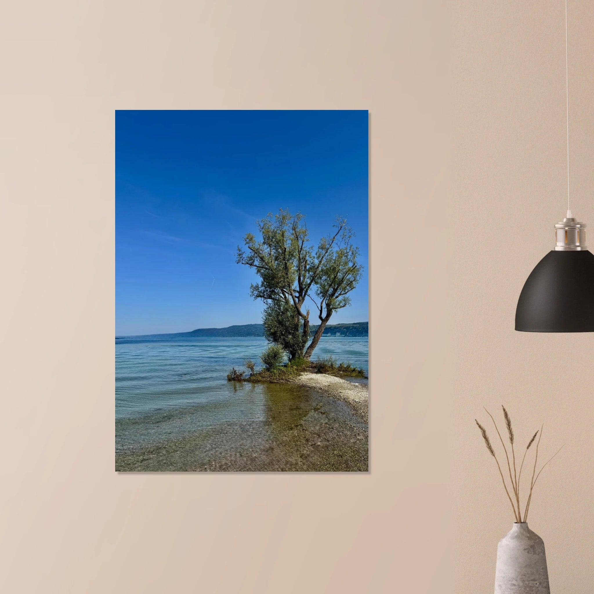 Majestic tree on a European lake aluminum print, nature-inspired wall art from the Travel Collection, studio edition, 20x30 cm.