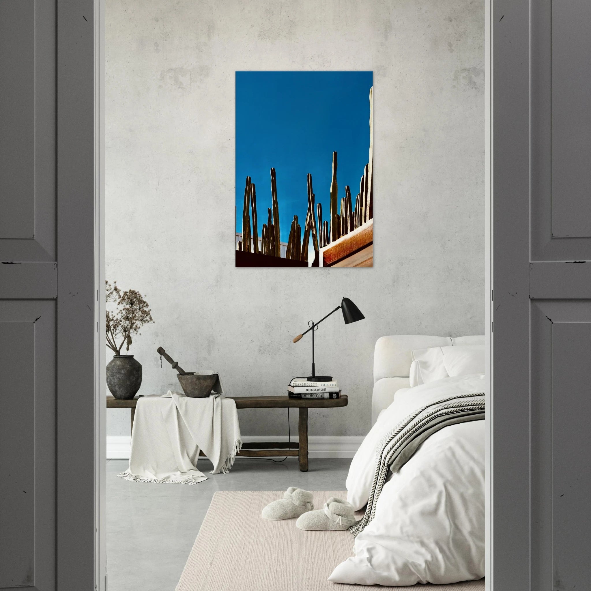 Print of Mexico Cactus Family on Rooftop canvas artwork from the Travel Collection, Studio Edition, featuring vibrant desert scene.