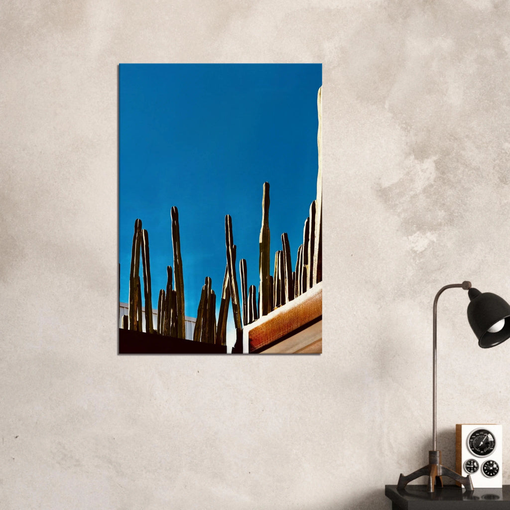Mexico cactus family on rooftop canvas artwork, travel collection studio edition print, spring 2026, vibrant desert scene