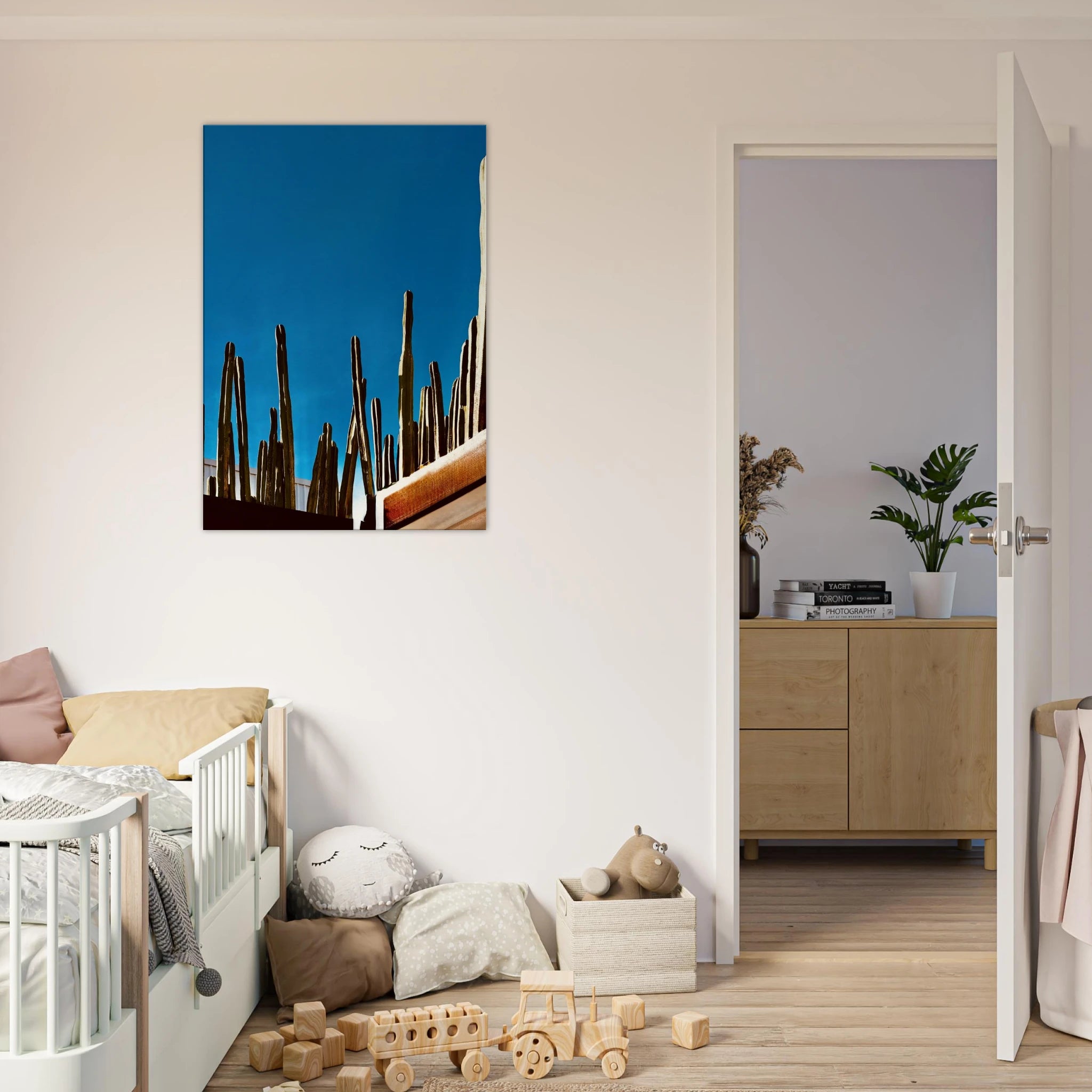Print of Mexico cactus family on rooftop scene from travel collection canvas artwork, studio edition, 20x30 cm.