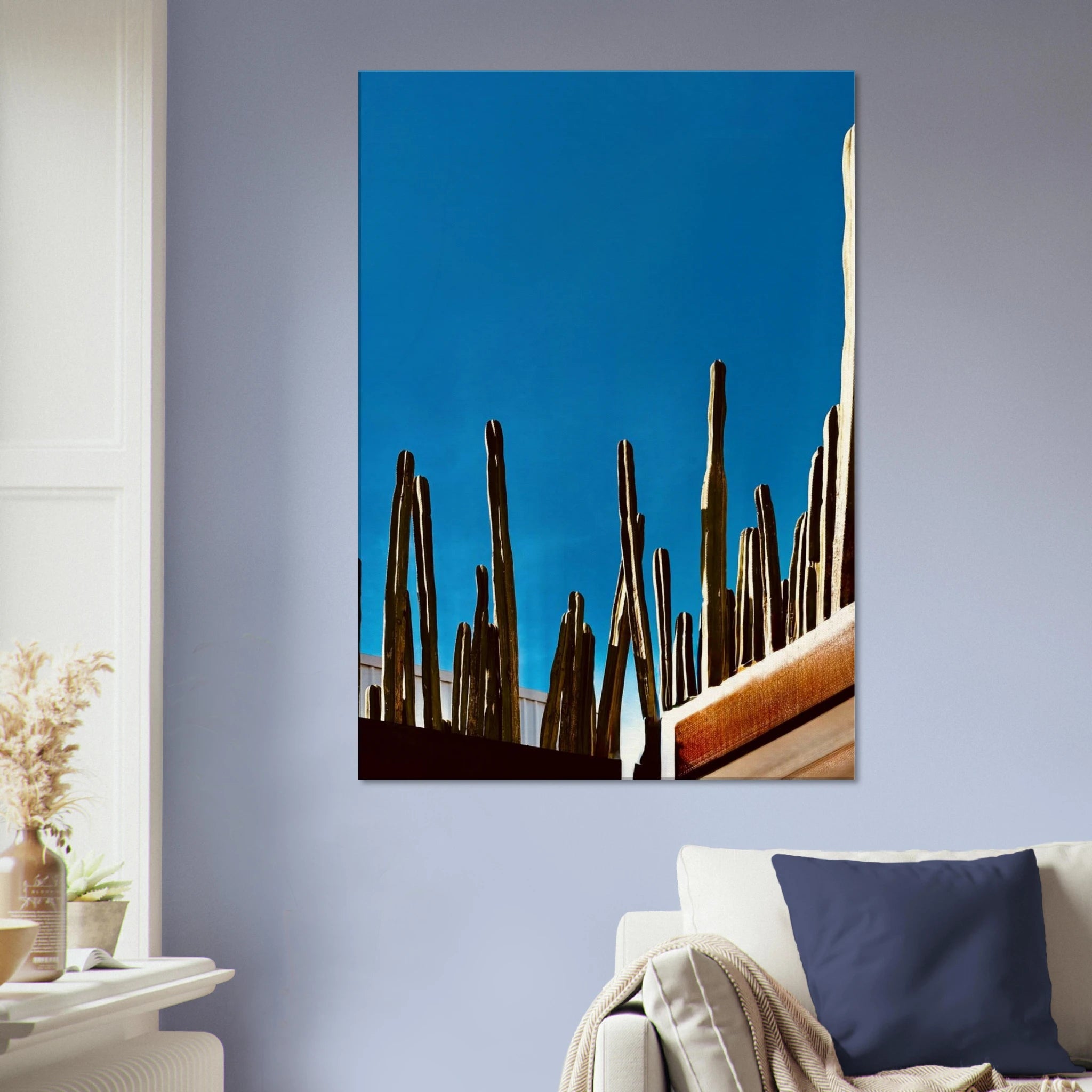 Mexico cactus family on rooftop canvas artwork, Spring 26 travel collection print, featuring vibrant desert scene and lush cacti.