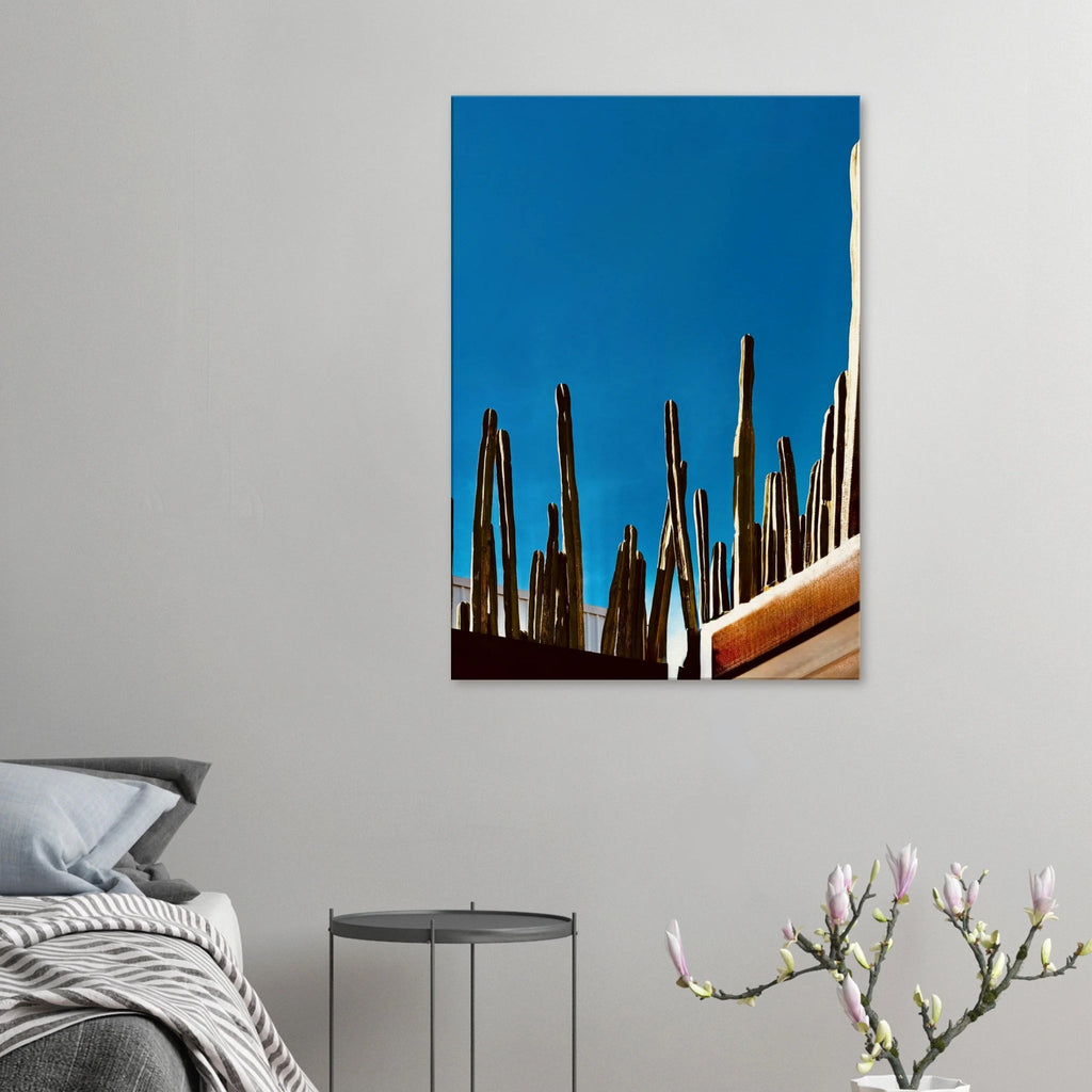 Mexico cactus family on rooftop canvas print, travel collection studio edition, vibrant desert scene with cacti and sky.