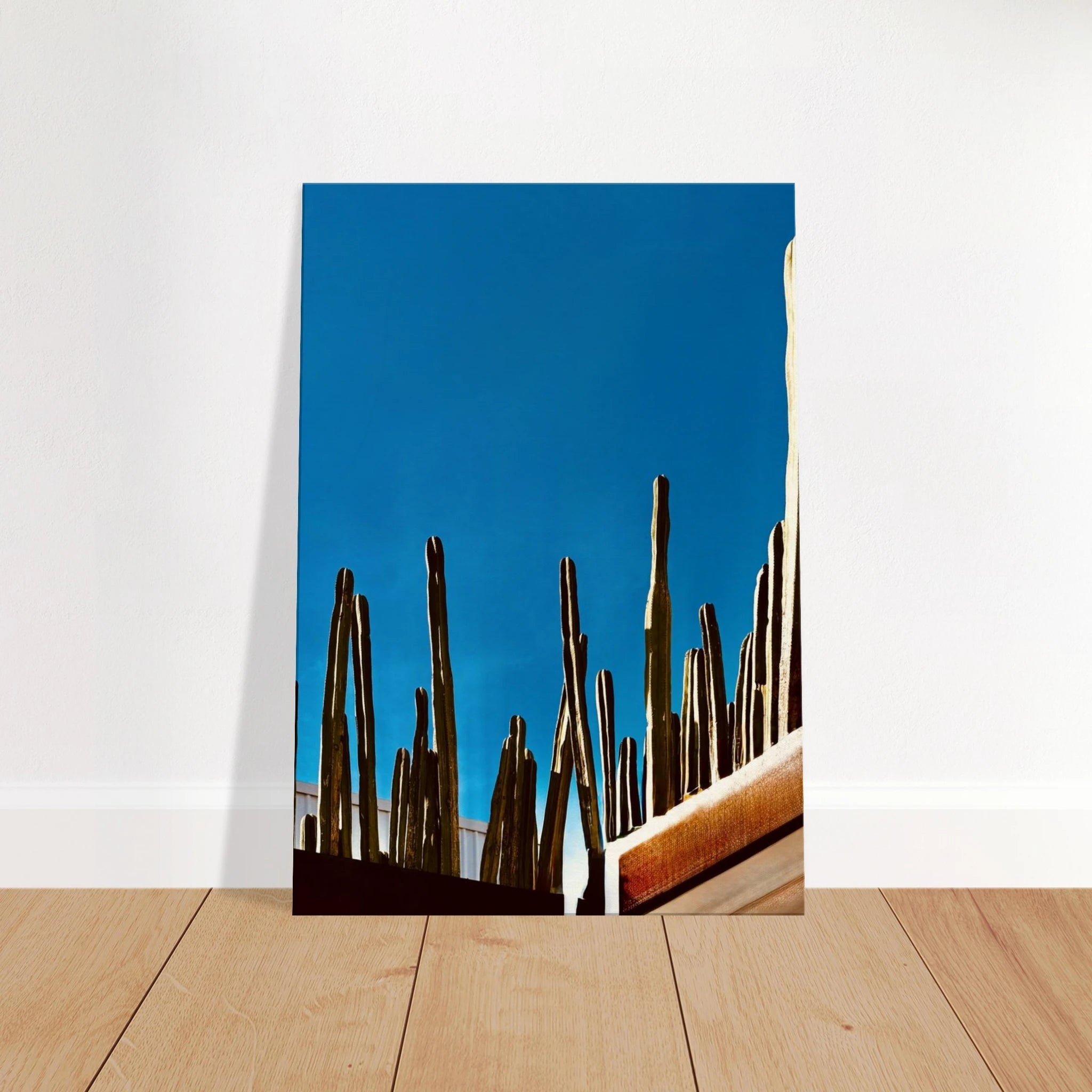 Mexico cactus family rooftop canvas artwork print, travel collection studio edition, vibrant desert scene in 20x30 cm size.