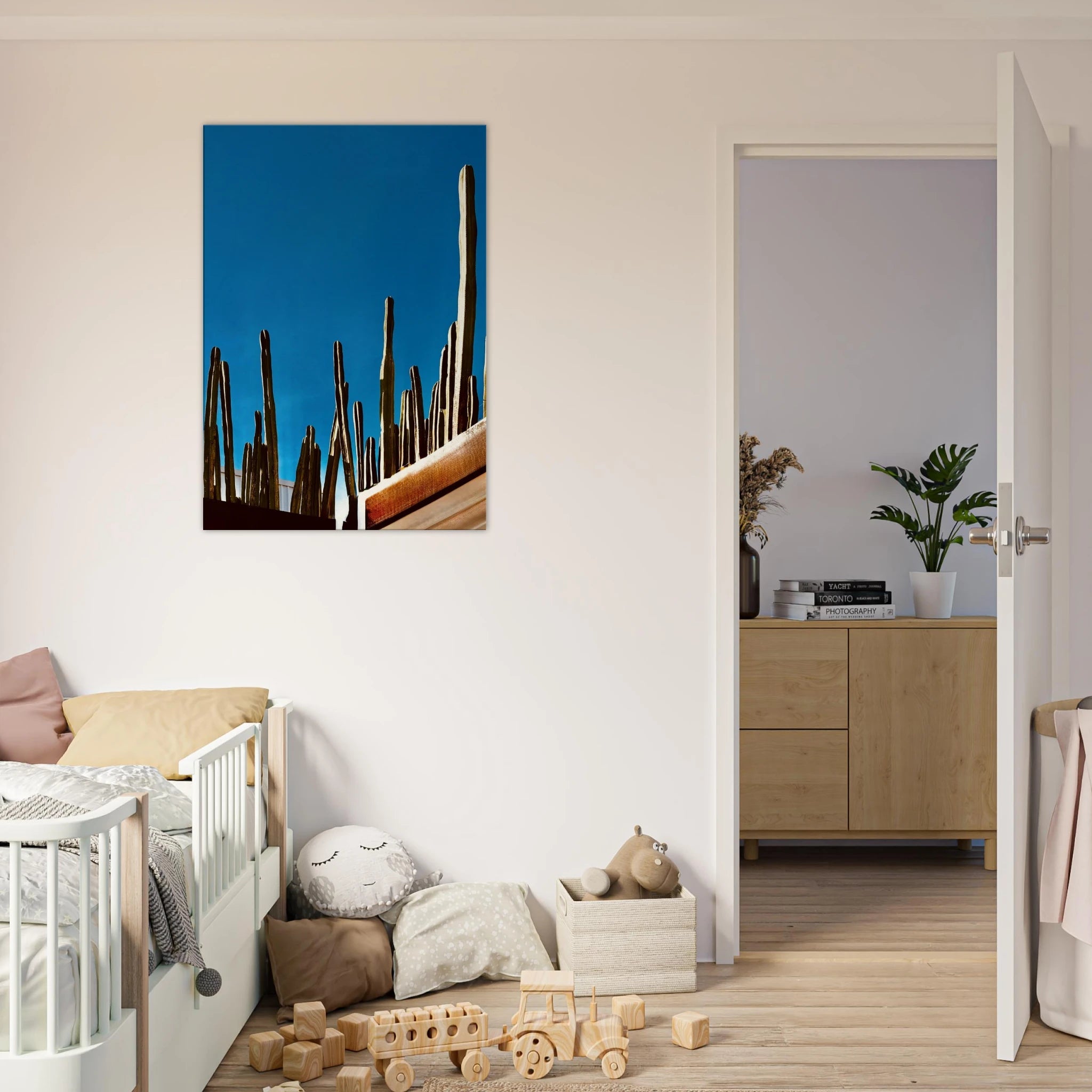 Canvas print of Mexico Cactus Family on rooftop, part of My Store's Travel Collection Spring 26, featuring vibrant cactus artwork.